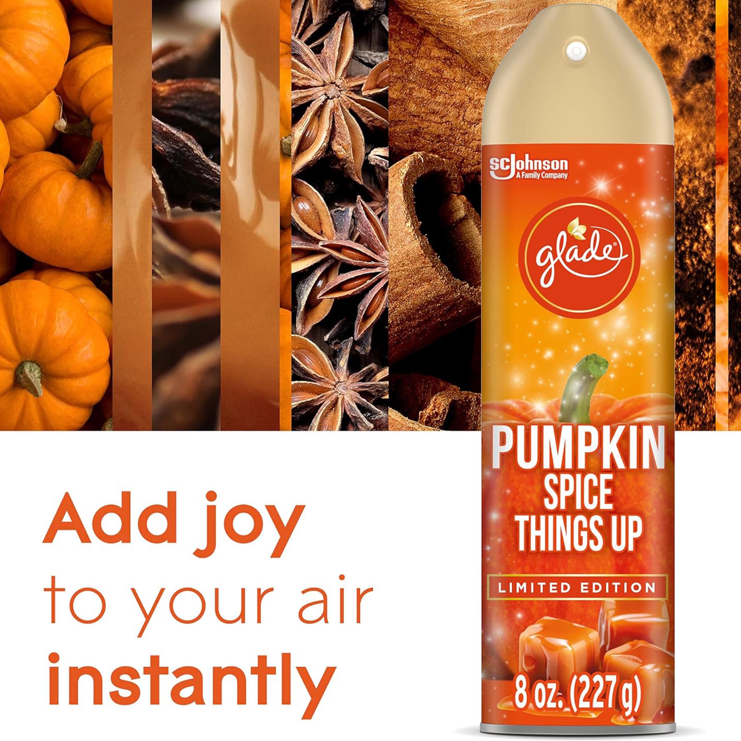 Glade Air Freshener Spray, 3 Pack, Pumpkin Spice Things Up Fall Harvest Scent, Limited Edition Holiday Collection, Pumpkin Spice Thanksgiving Scented Spray for Home and Bathroom, 8 oz Each