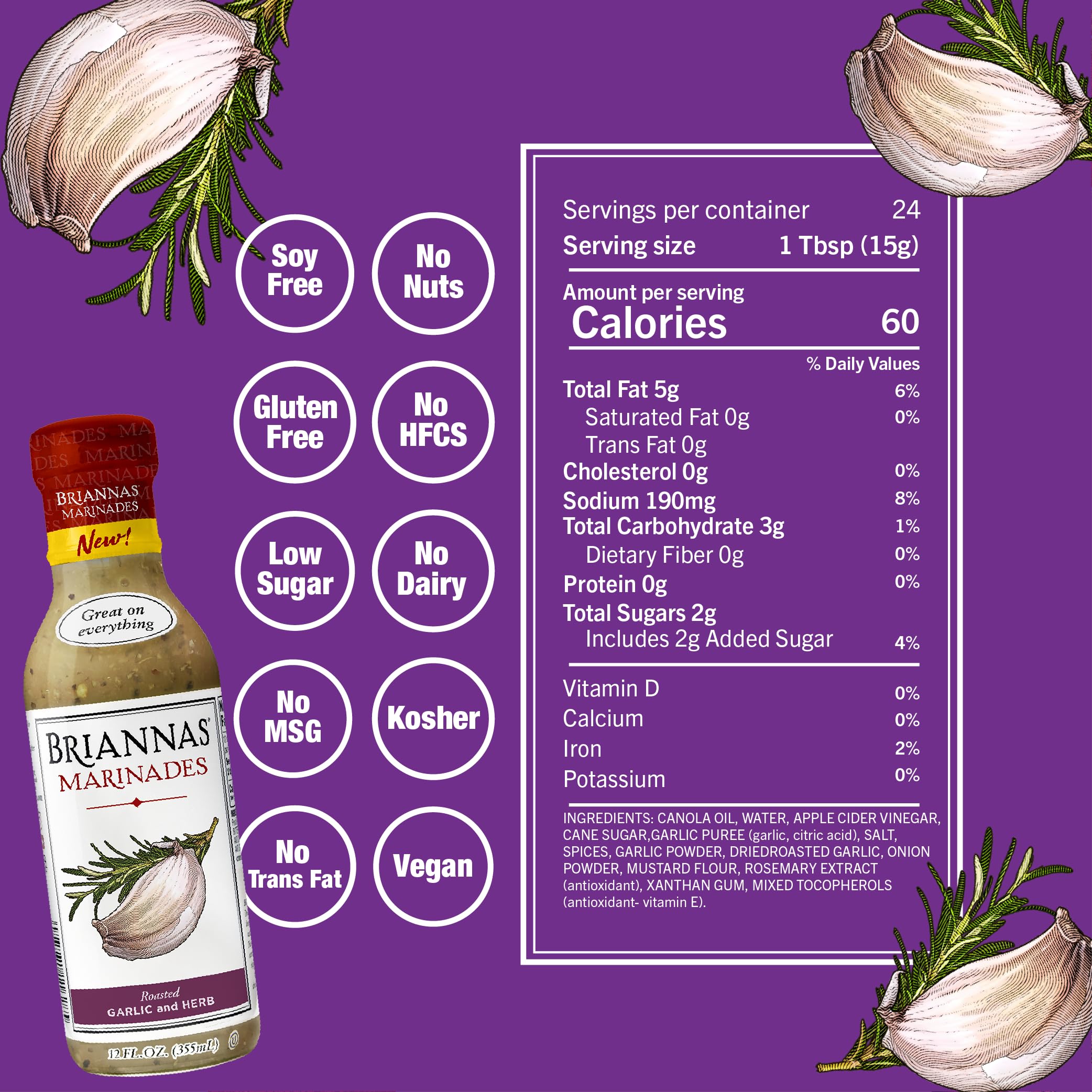 BRIANNAS - Roasted Garlic & Herb Marinade - Small Batch, Gluten Free, Vegan Marinade made with Premium Ingredients - 12 oz. Bottle