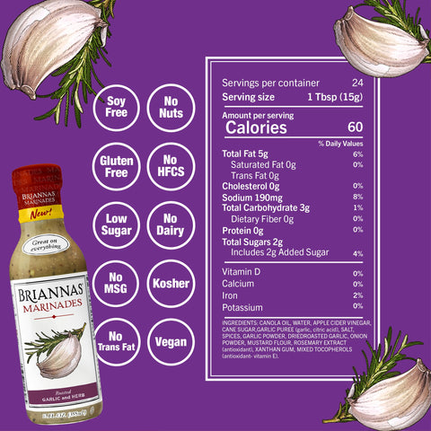 BRIANNAS - Roasted Garlic & Herb Marinade - Small Batch, Gluten Free, Vegan Marinade made with Premium Ingredients - 12 oz. Bottle