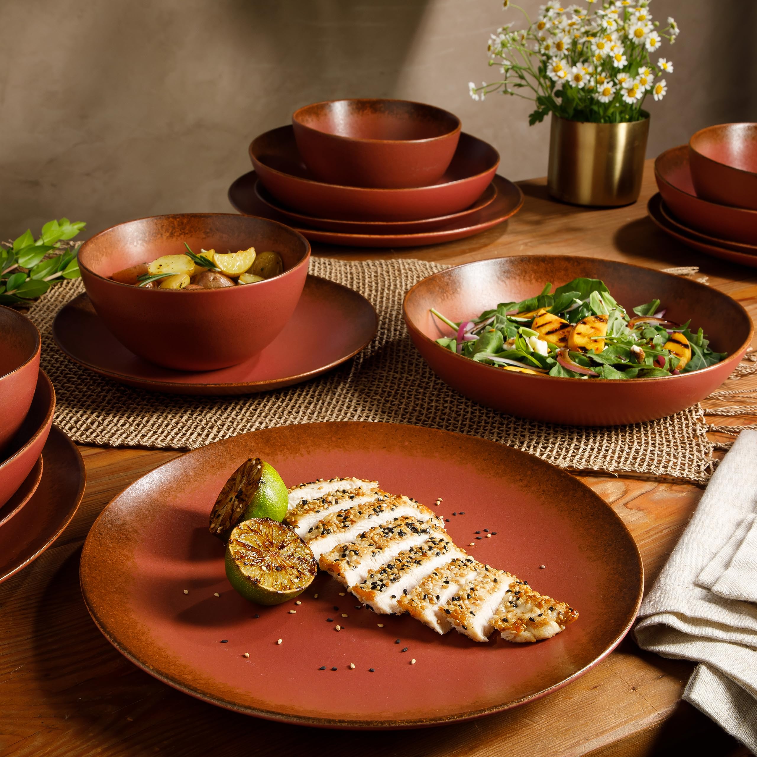 Bloomhouse - Two Time Oprah's Favorite Things Winner - Palermo Sun Double Bowl Stoneware Reactive Glaze Plates and Bowls Dinnerware Set - Paprika Red, Service for Four (16pcs)