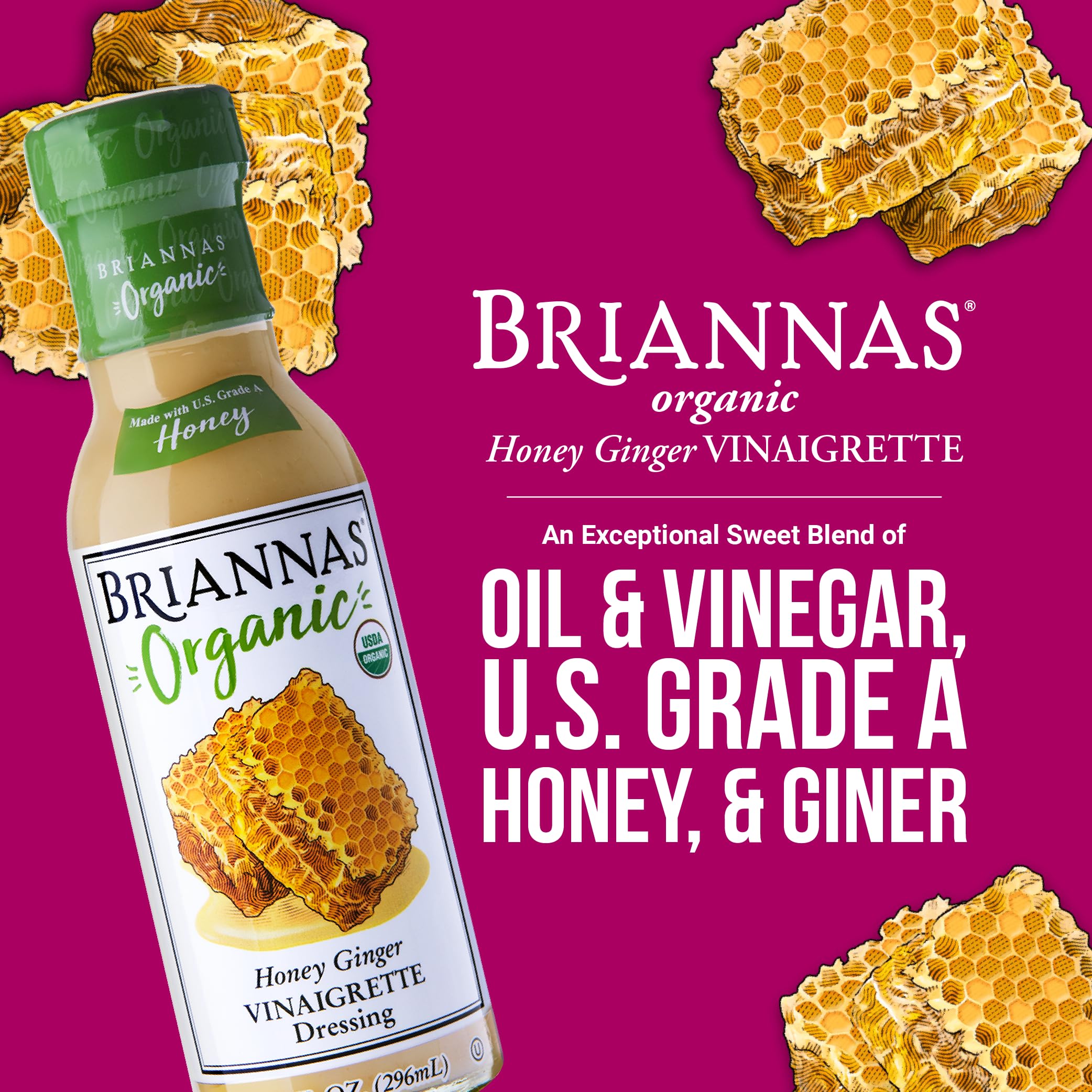 BRIANNAS - Organic Honey Ginger Vinaigrette Dressing - Certified Kosher & Organic Salad Dressing made with Premium Ingredients - 10 oz. Bottle