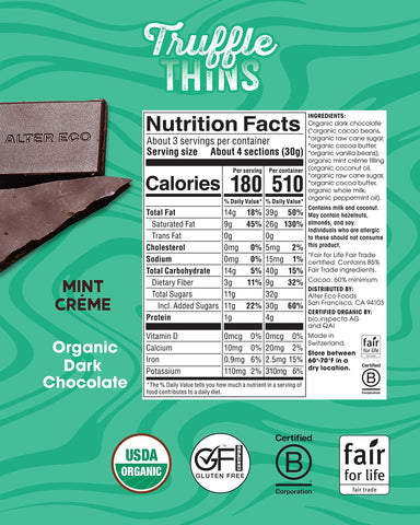 Alter Eco Mint Creme Truffle Thins, Chocolate Bar with Gooey Ganache Truffle Filling, Gluten-Free, Non-GMO Snacks, No Additives or Artificial Sweeteners, Fair Trade, Recyclable Packaging (1-Pack Mint Creme)