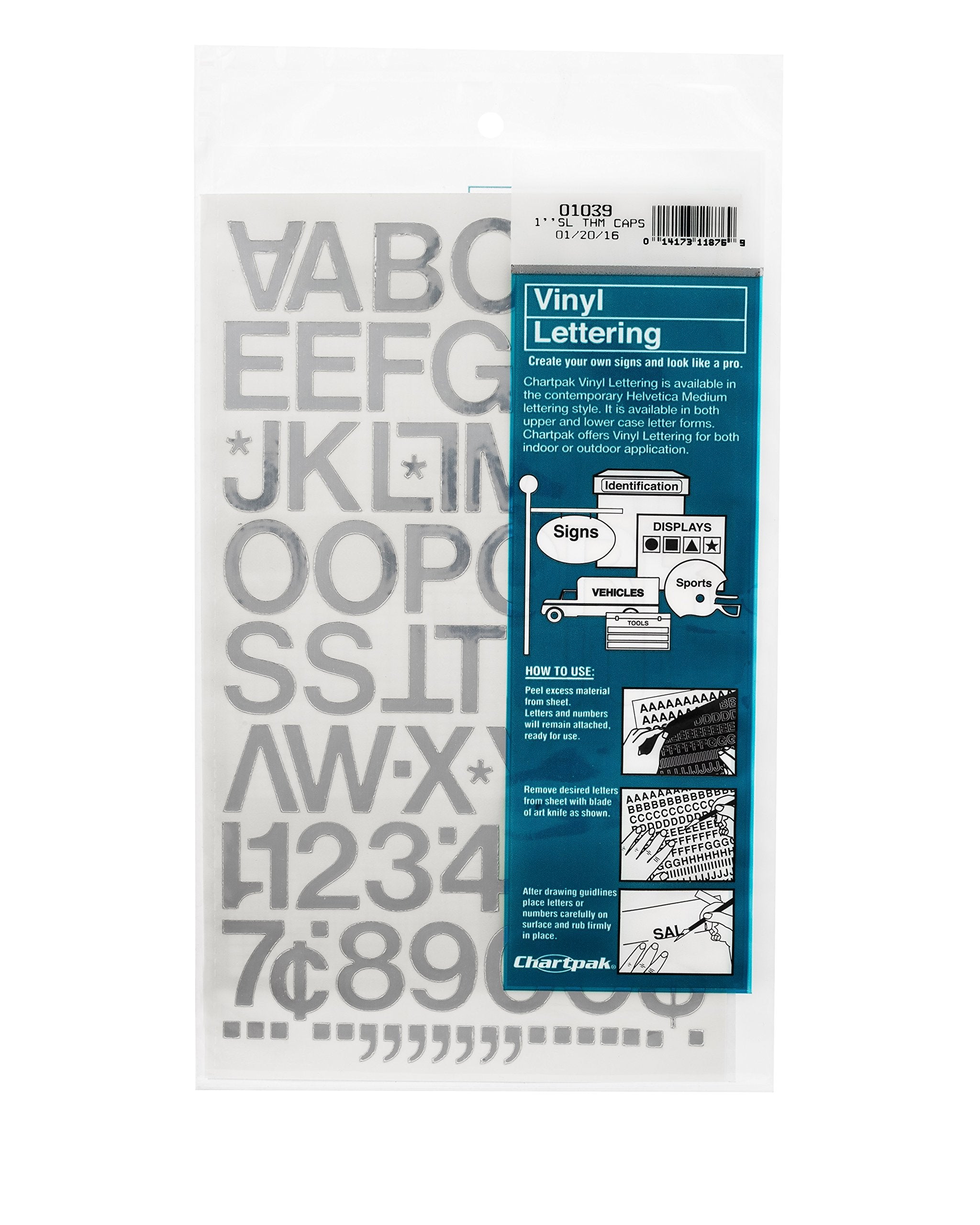 Chartpak Self-Adhesive Vinyl Capital Letters and Numbers, 1 Inch High, Silver, 88 per Pack (01039)