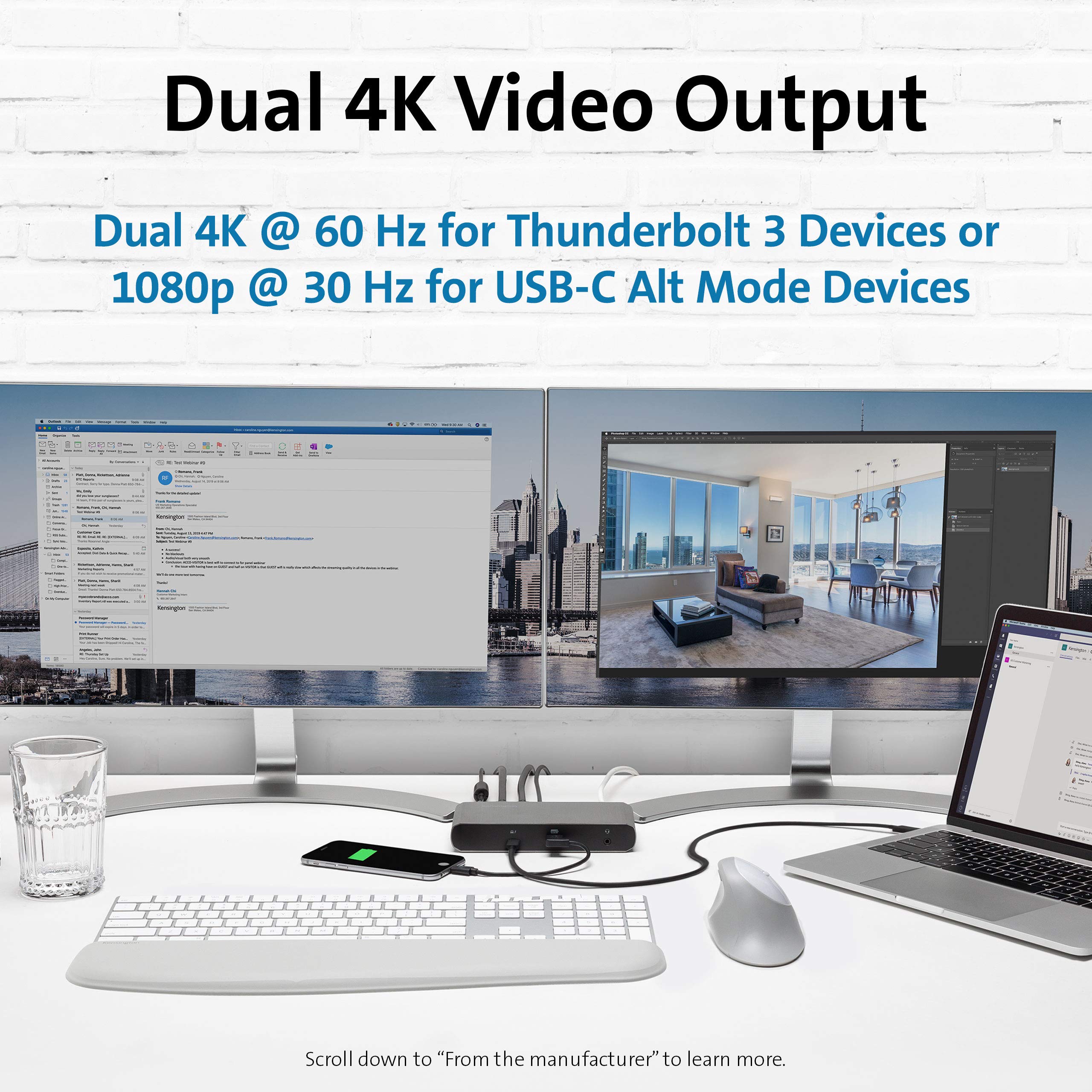 Kensington SD5500T Thunderbolt 3 and USB-C Docking Station, Dual 4K DisplayPort, for Macbooks, Windows and Surface, 60W PD (K38130US)