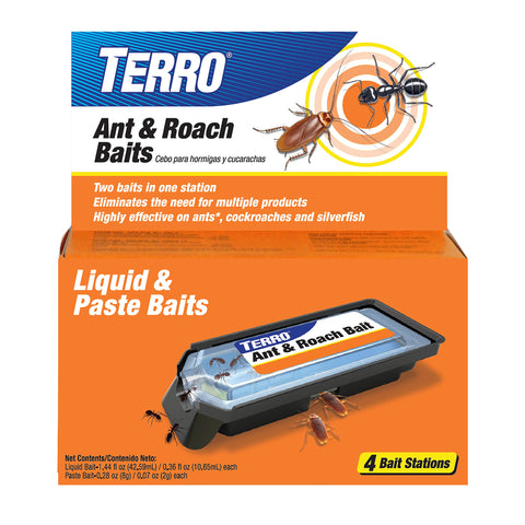 TERRO Ant & Roach Bait T360 4-Pack - Indoor Ant Killer and Roach Killer, Pre-Filled Dual Bait Stations Attract and Kill Ants, Roaches, and Silverfish, Ready-To-Use Indoor Bait with Twist Tab