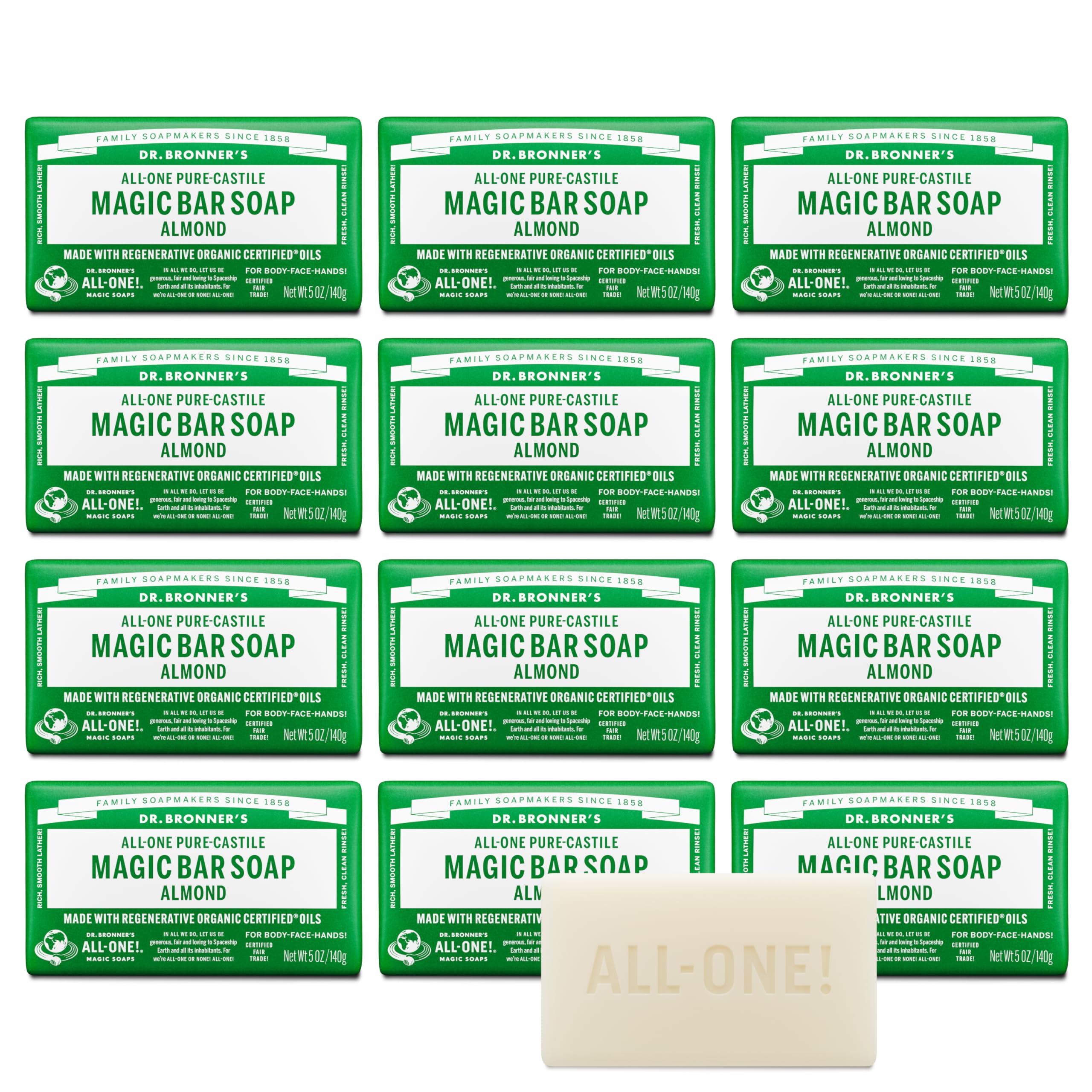 Dr. Bronner's Pure-Castile Magic Bar Soap (Almond, 5 ounce, 12-Pack)-Made with Regenerative Organic Certified Oils, For Face, Body, Hair, Gentle, Vegan, Cruelty-free Non-GMO