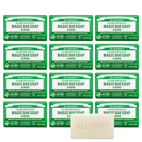 Dr. Bronner's Pure-Castile Magic Bar Soap (Almond, 5 ounce, 12-Pack)-Made with Regenerative Organic Certified Oils, For Face, Body, Hair, Gentle, Vegan, Cruelty-free Non-GMO