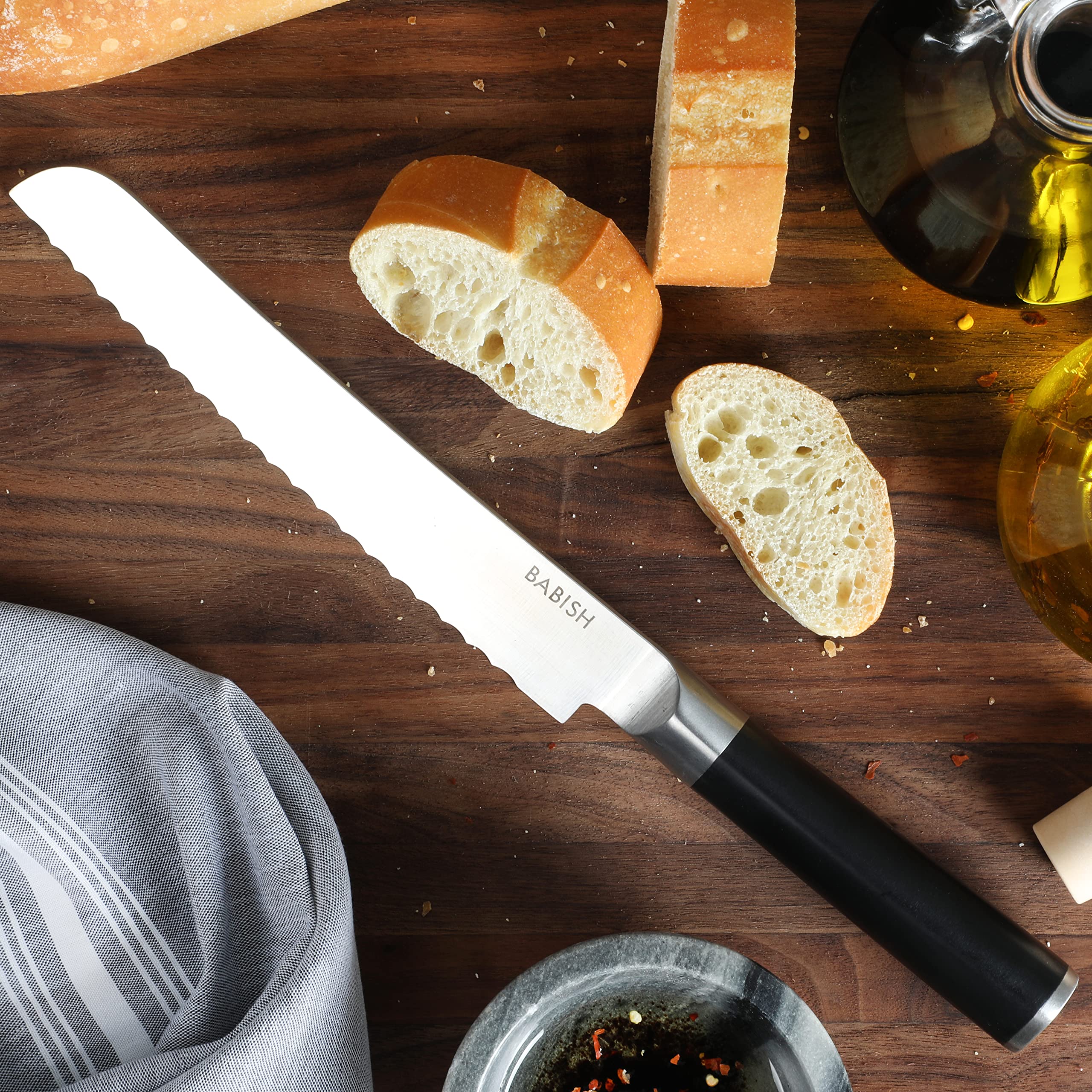 Babish 8-Inch Bread Knife – High-Carbon 1.4116 German Steel Kitchen Knife – Professional Serrated Cutlery for Slicing Bread and Baked Goods