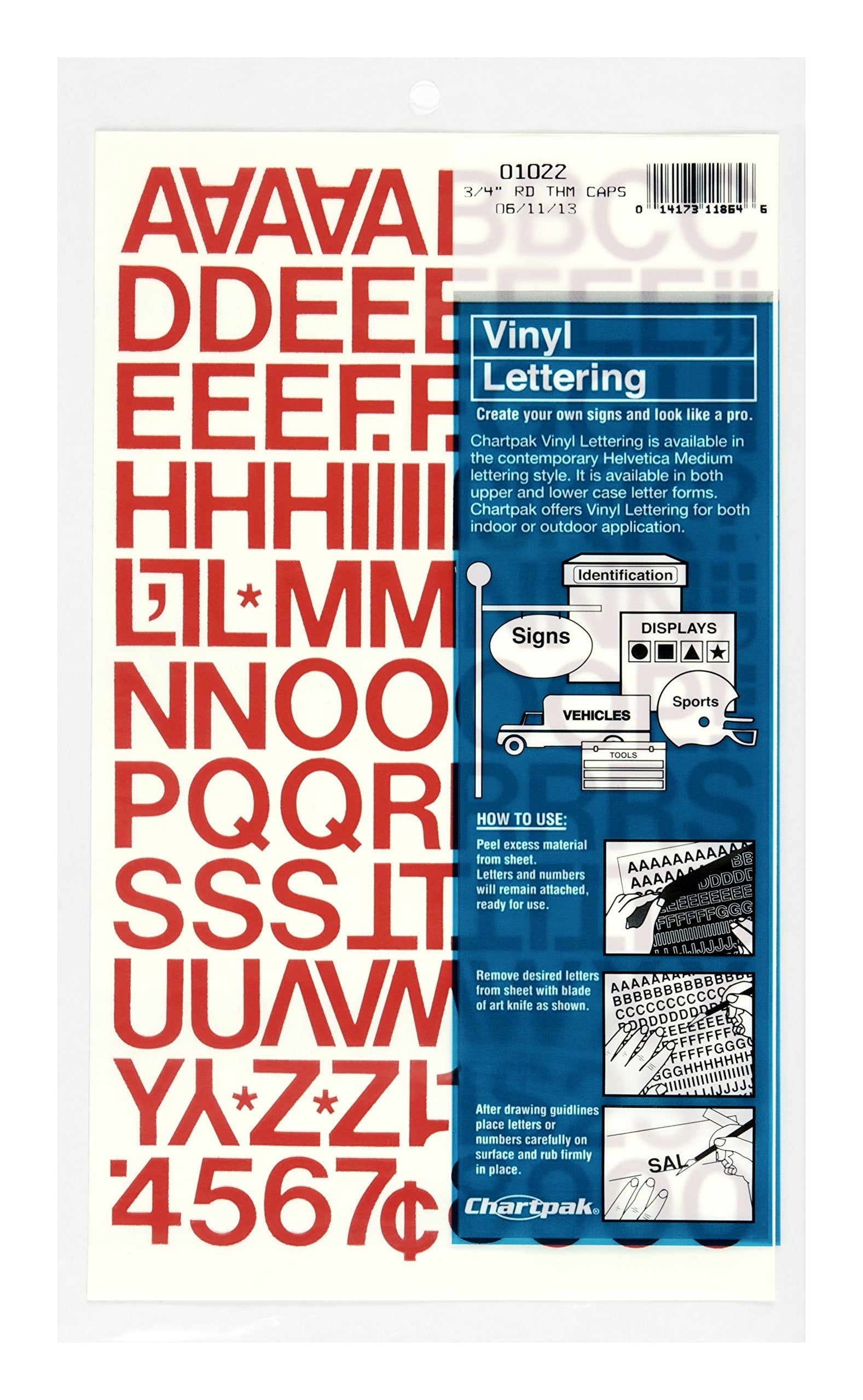 Chartpak Self-Adhesive Vinyl Capital Letters and Numbers, 3/4 Inches High, Red, 94 per Pack (01022)