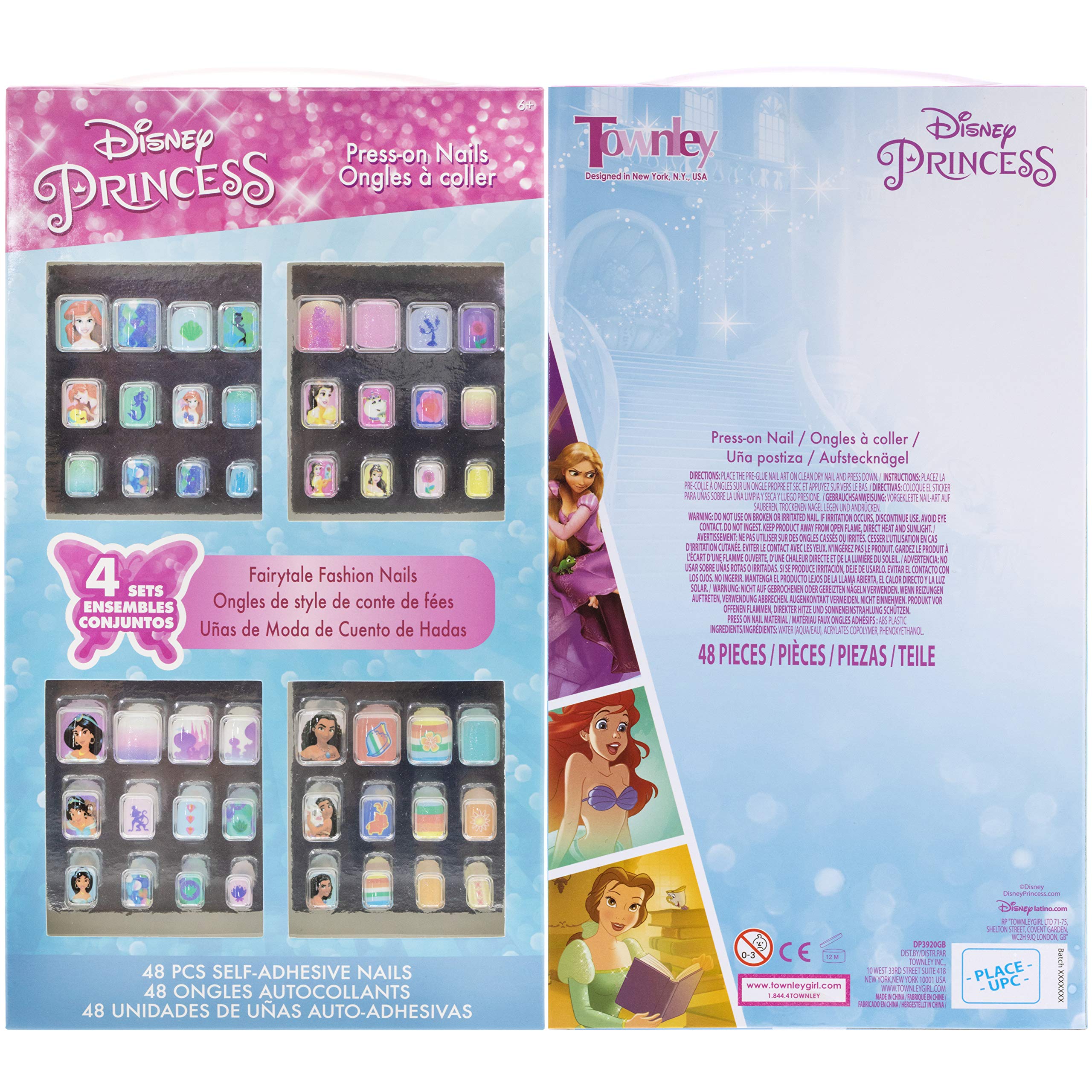 Disney Princess - Townley Girl 48 Pcs Press-On Nails Artificial False Nails Set for Girls, Kids with Pre-Glue Full Cover Acrylic Nail Tip Kit, Ages 6+ for Parties, Sleepovers and Makeovers