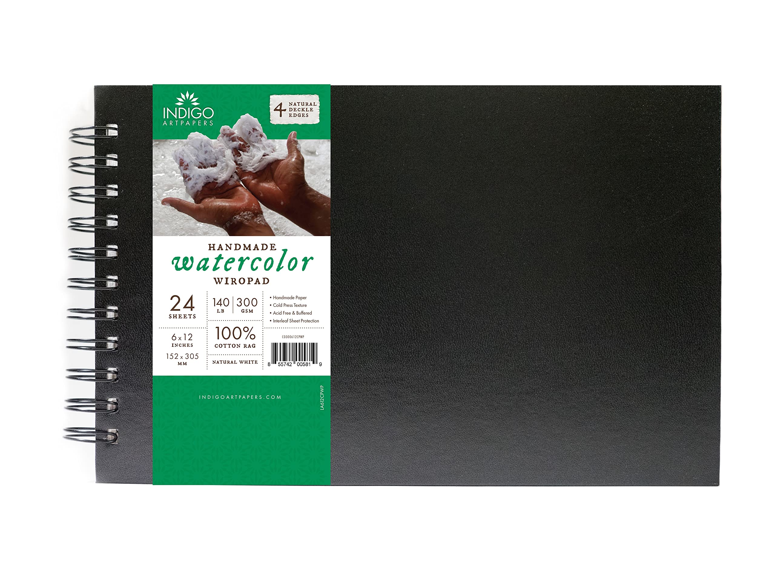 Indigo Artpapers Watercolor Paper Wiropad, 24 Sheets, 6x12 (140lb/300g) | Handmade 100% Cotton Rag, Cold Pressed, Acid-Free Water Color Paper with 4 Natural Deckle Edges, Watercolor Pad Sketchbook