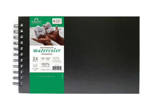 Indigo Artpapers Watercolor Paper Wiropad, 24 Sheets, 6x12 (140lb/300g) | Handmade 100% Cotton Rag, Cold Pressed, Acid-Free Water Color Paper with 4 Natural Deckle Edges, Watercolor Pad Sketchbook