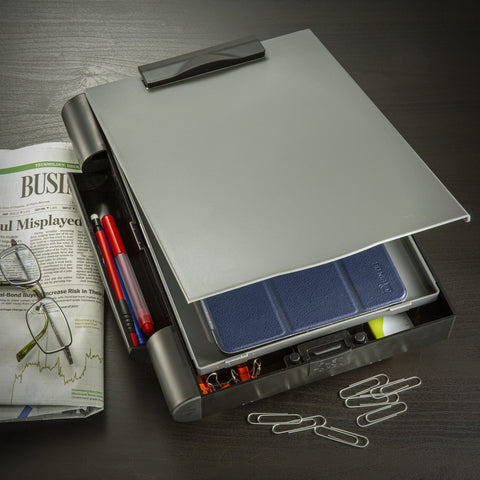 Officemate Double Storage Clipboard, Form Holder with 2 Compartments, Magnetized Storage, Pen Holder & Clip, Letter Size, Recycled Plastic, Gray/Black (83357)