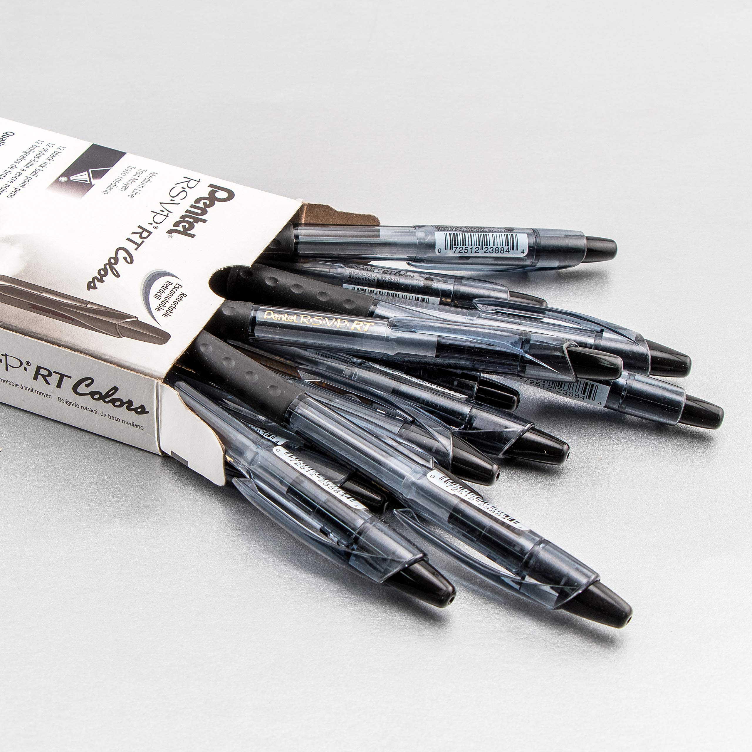 Pentel RSVP RT COLORS Retractable Ball Point Pen, Medium Line, Black Barrel, Black Ink, Box of 12 (BK93CRA-A)