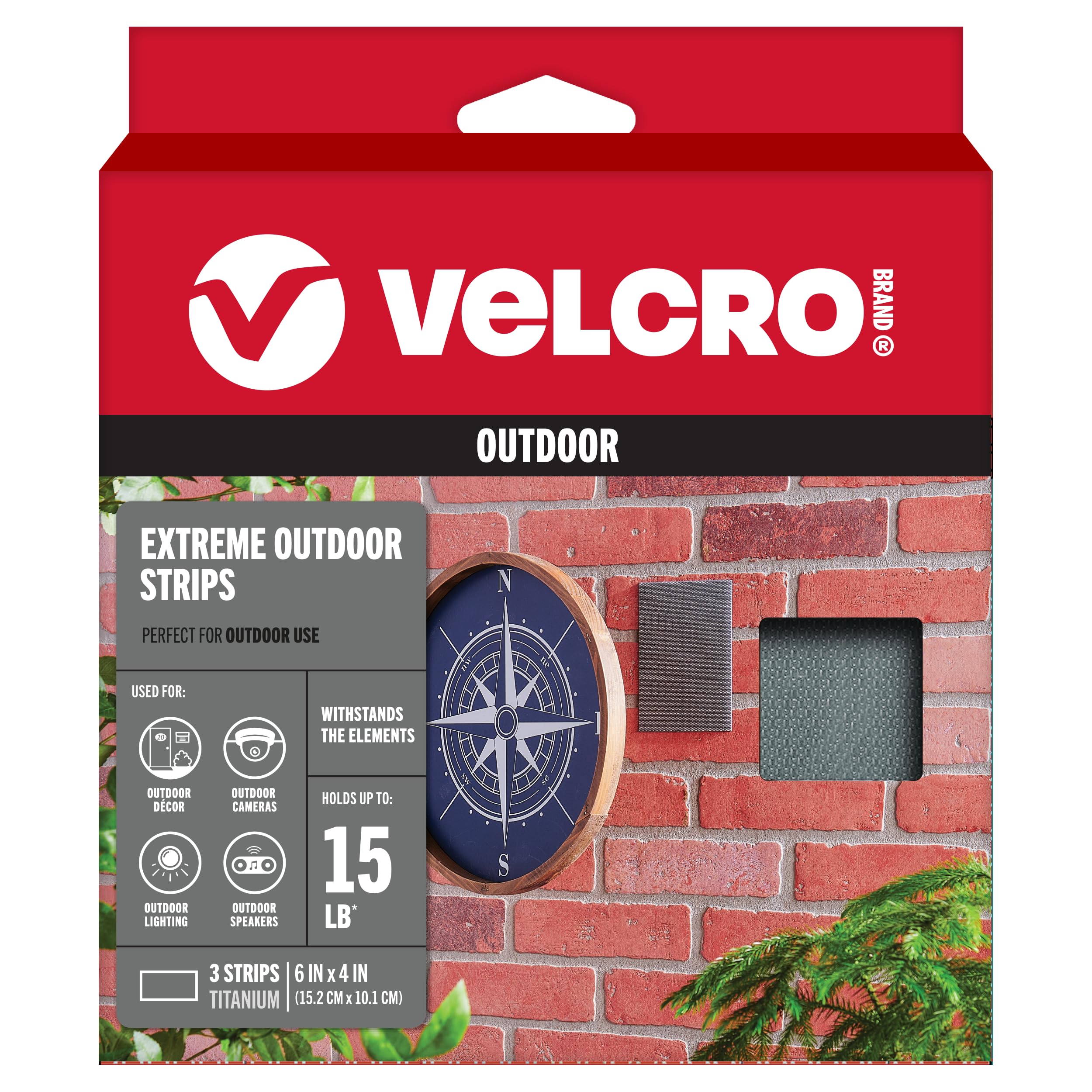 VELCRO Brand Outdoor Wide Heavy Duty Strips | 6" x 4" Pk of 3 | Holds 15 lbs | Titanium Extreme Industrial Strength Adhesive Fasteners | Strong Weather Resistance for Rough Surfaces (91471)