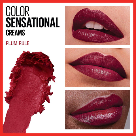 Maybelline Color Sensational Lipstick, Lip Makeup, Cream Finish, Hydrating Lipstick, Nude, Pink, Red, Plum Lip Color, Plum Rule, 0.15 oz; (Packaging May Vary)