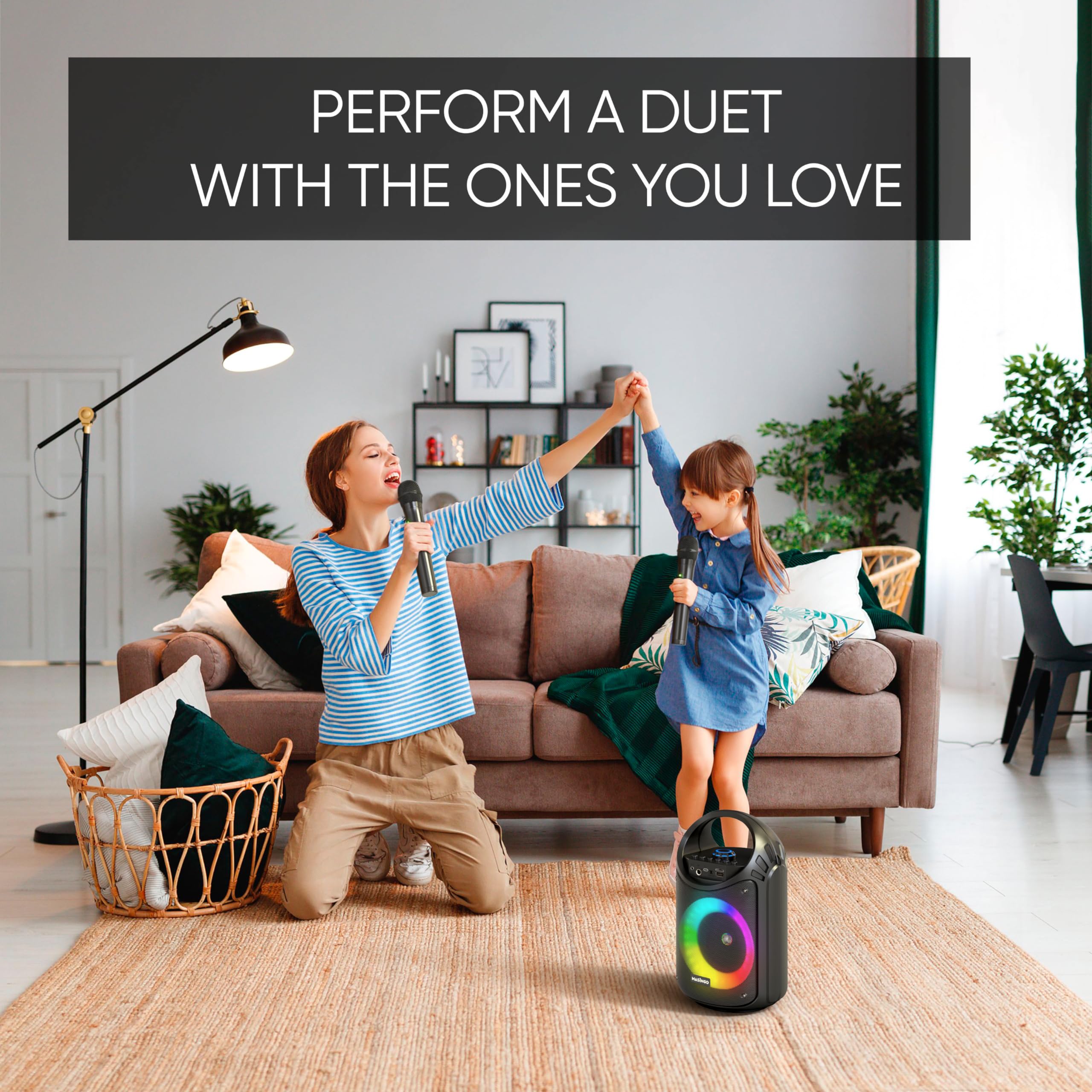 MASINGO Karaoke Machine for Kids and Adults with 2 Wireless Bluetooth Microphones, PA Portable Speaker with Colorful LED Lights, Supports TF Card/USB, AUX/MIC in, TWS for Home Party, Burletta C10 V2