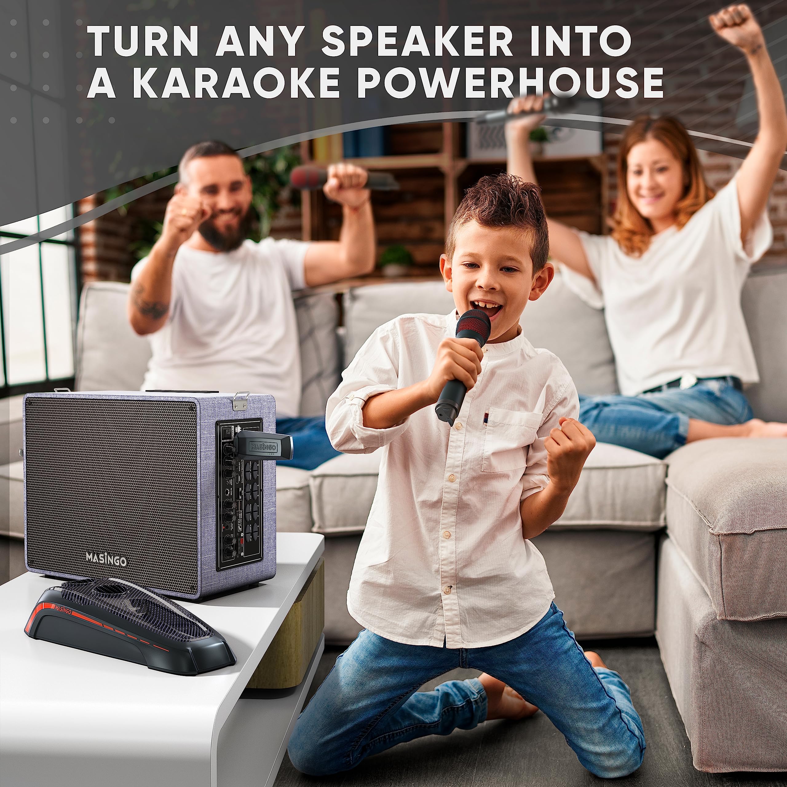 MASINGO 2 Wireless Karaoke Microphones, Integrated Bluetooth Receiver - Connects Mics and Smartphone to Any Speaker with AUX/Mic Input - Includes Singer Vocal Removal Mode + Charging Base - A12