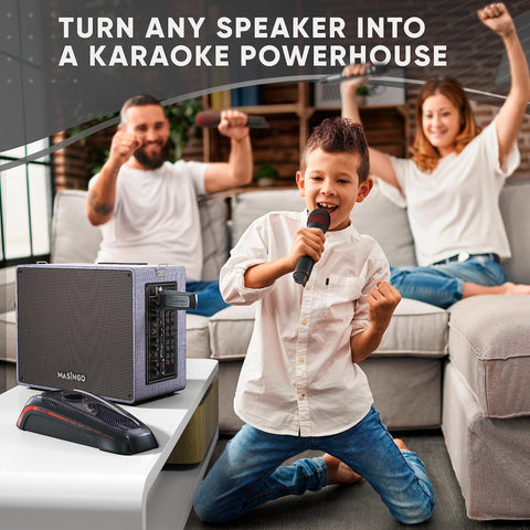 MASINGO 2 Wireless Karaoke Microphones, Integrated Bluetooth Receiver - Connects Mics and Smartphone to Any Speaker with AUX/Mic Input - Includes Singer Vocal Removal Mode + Charging Base - A12