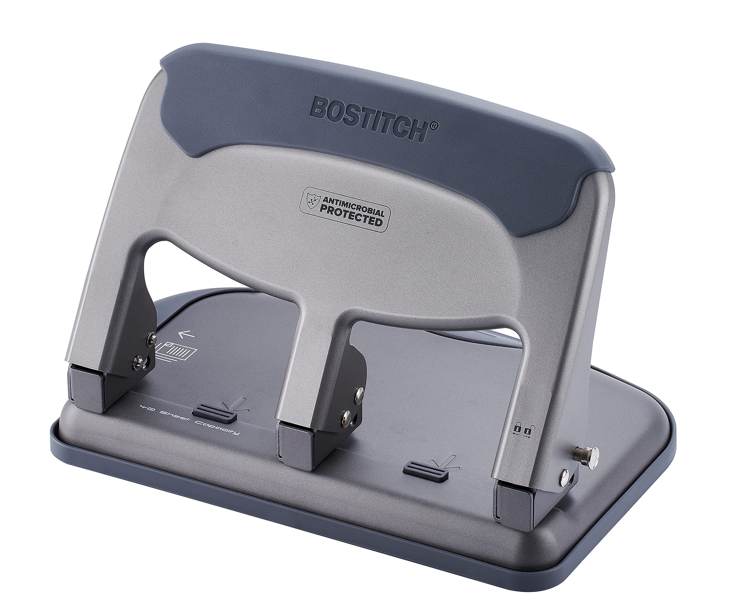 Bostitch Office EZ Squeeze Heavy Duty 3-Hole Punch for Home Office & School, 40-Sheet Capacity, One-Touch Reduced Force, Sleek Gray Design