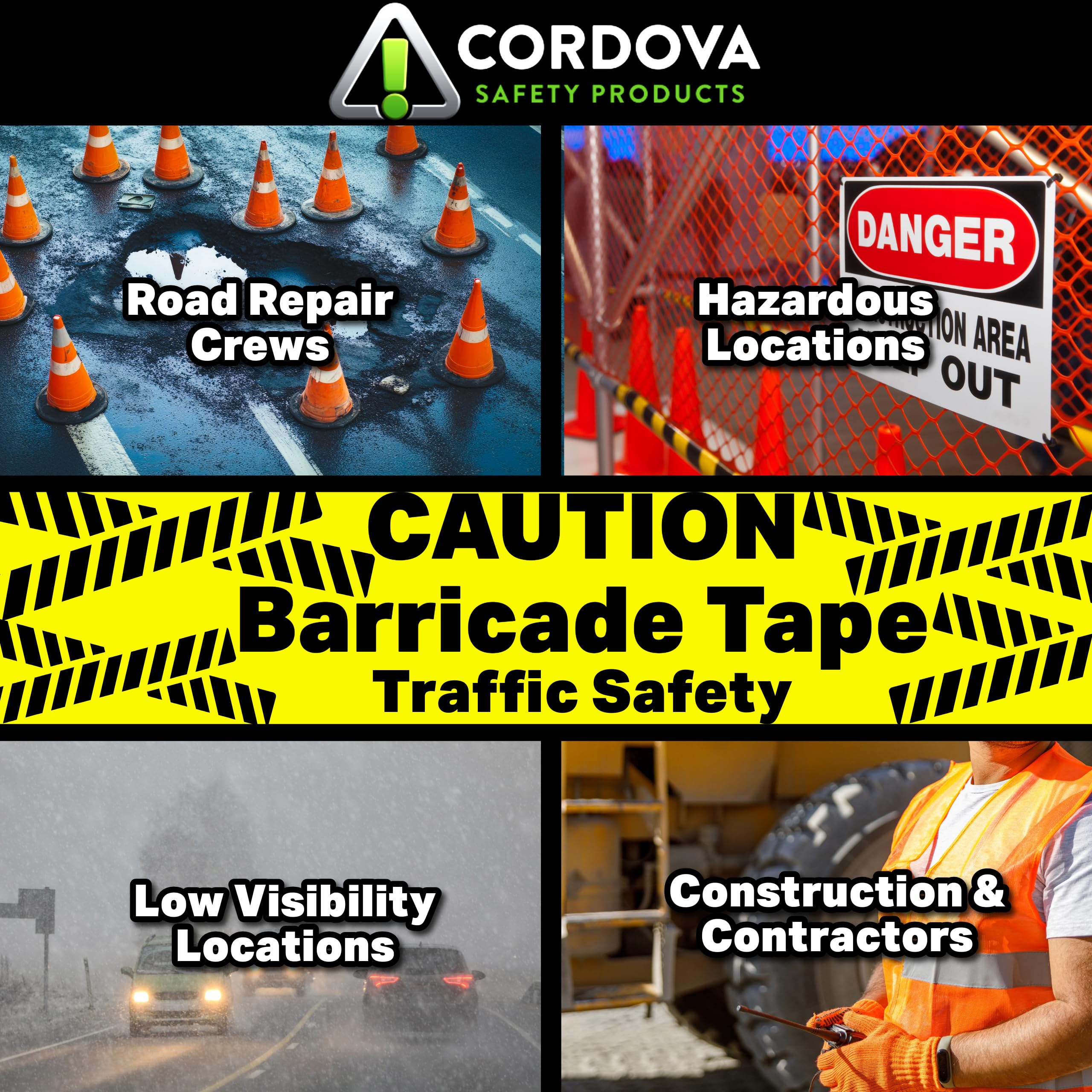 Cordova T30101 Bulk Pack 3.0-MIL Yellow Caution Barricade Tape, 3 in. x 1000 ft. Roll, 12-Pack