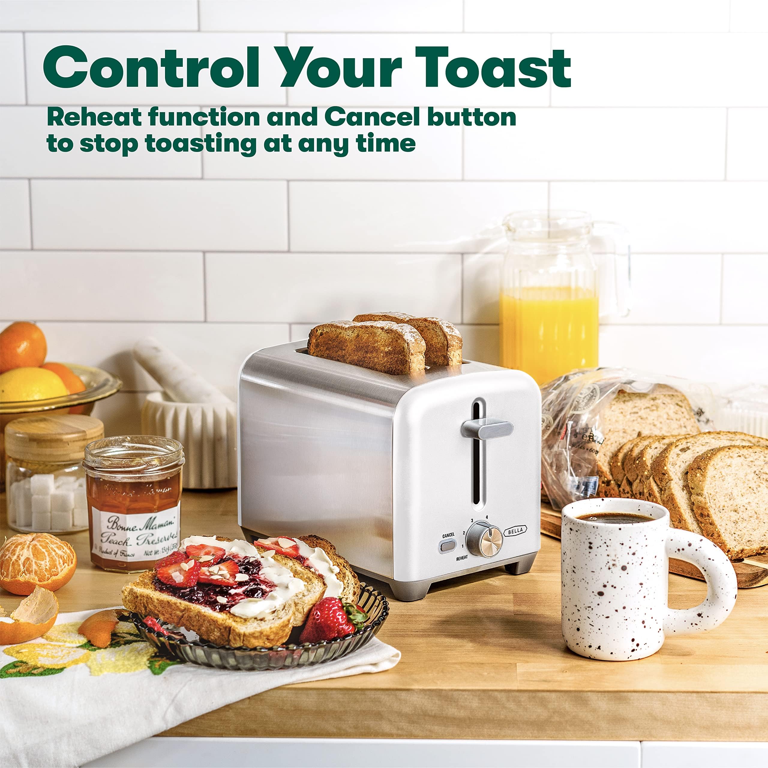 BELLA 2 Slice Toaster, Quick & Even Results Every Time, Wide Slots Fit Any Size Bread Like Bagels or Texas Toast, Drop-Down Crumb Tray for Easy Clean Up, Stainless Steel and White