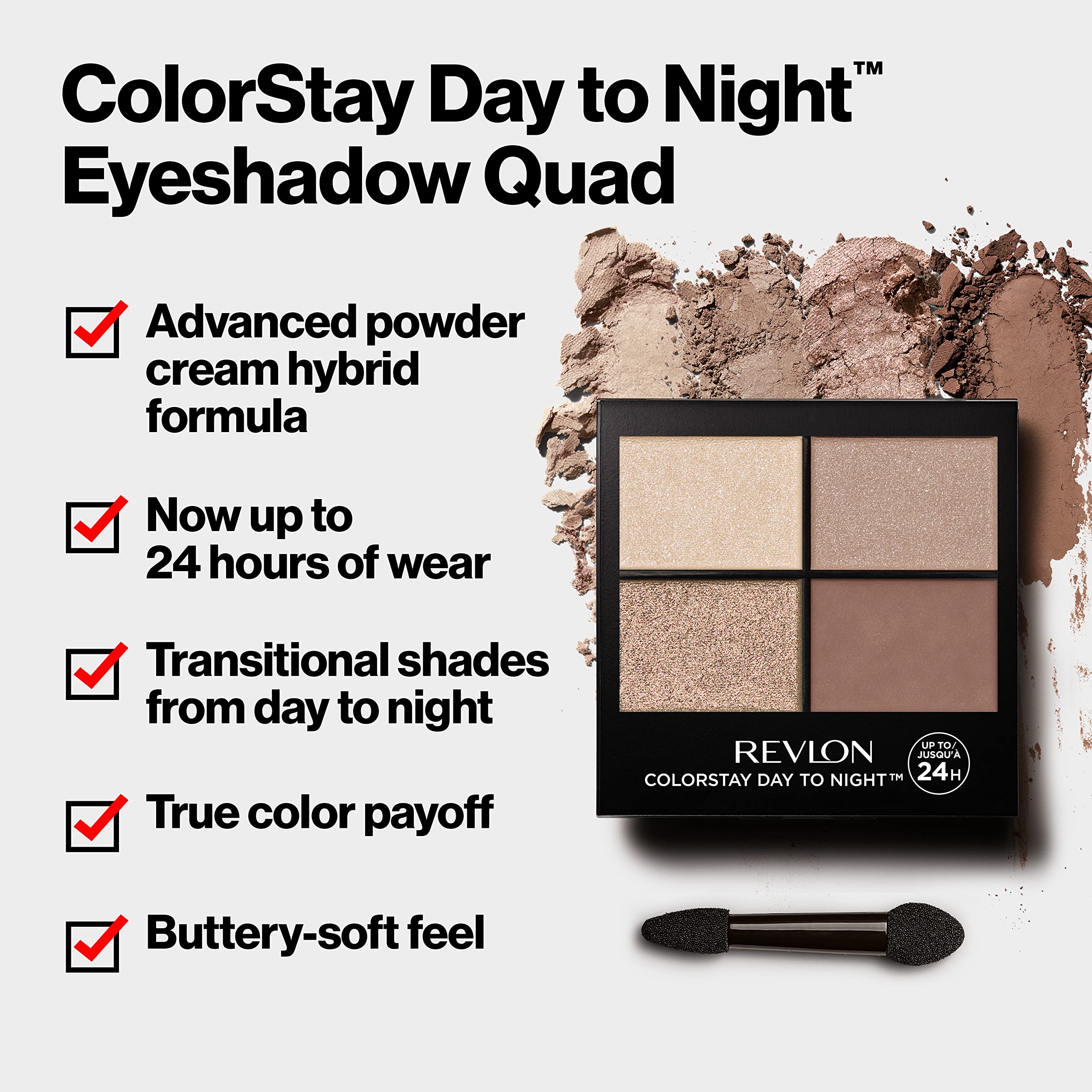 Revlon ColorStay Day to Night Eyeshadow Quad, Longwear Shadow Palette with Transitional Shades and Buttery Soft Feel, Crease & Smudge Proof, 505 Decadent, 0.16 Oz