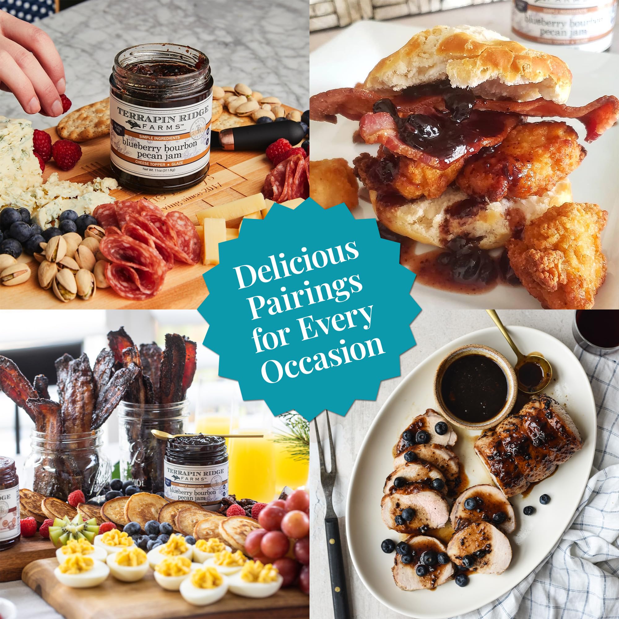 Terrapin Ridge Farms Blueberry Bourbon Pecan Jam - Sweet & Flavorful Jam with Blueberries, Pecans, Raisins, Cinnamon, and Bourbon - Perfect for Toast, Meats, and Desserts -1 Quart
