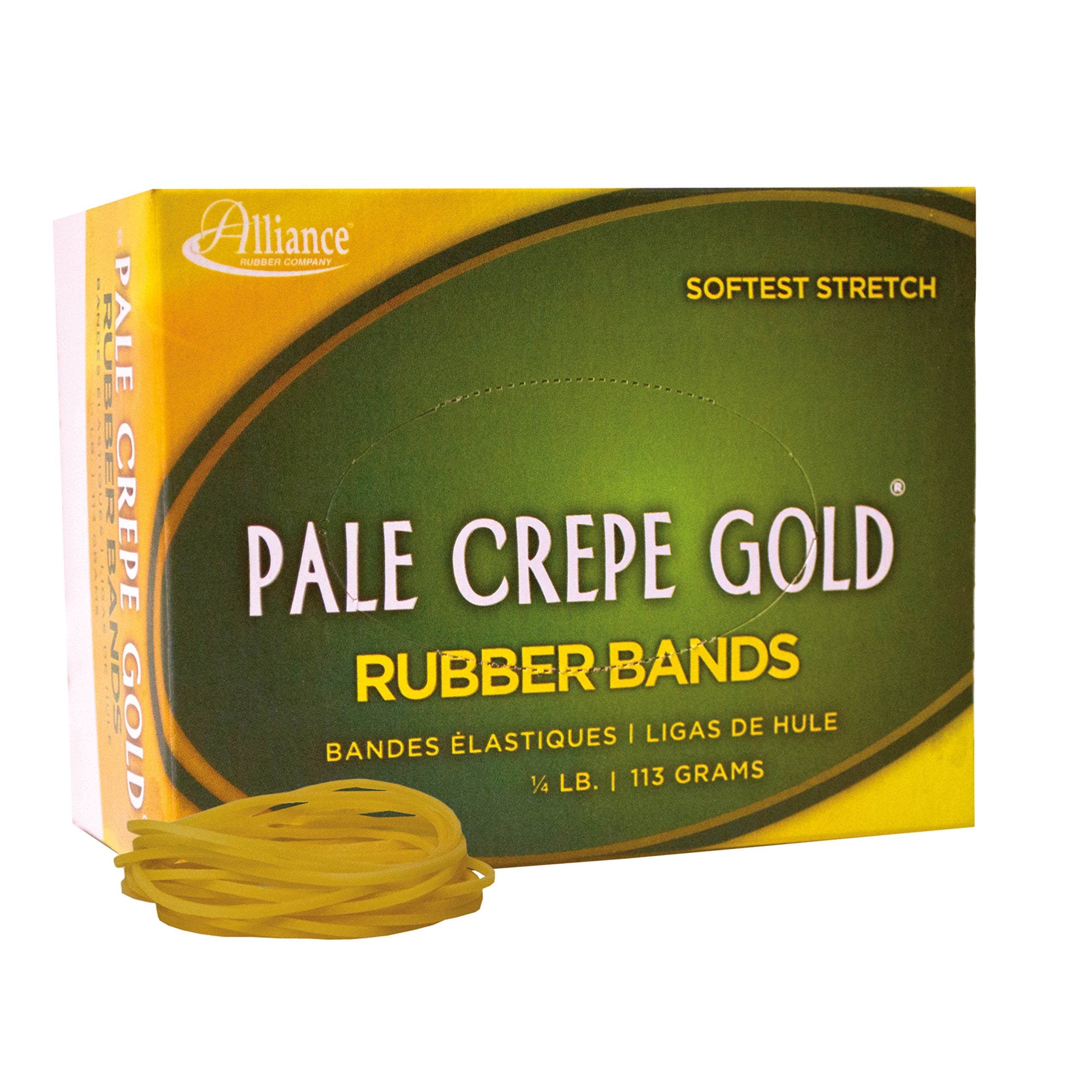 Alliance Pale Crepe Gold Rubber Bands, Size #16 (2-1/2" x 1/16"), Approx. 658 Bands per 1/4 lb. Box, Golden Crepe (20169)