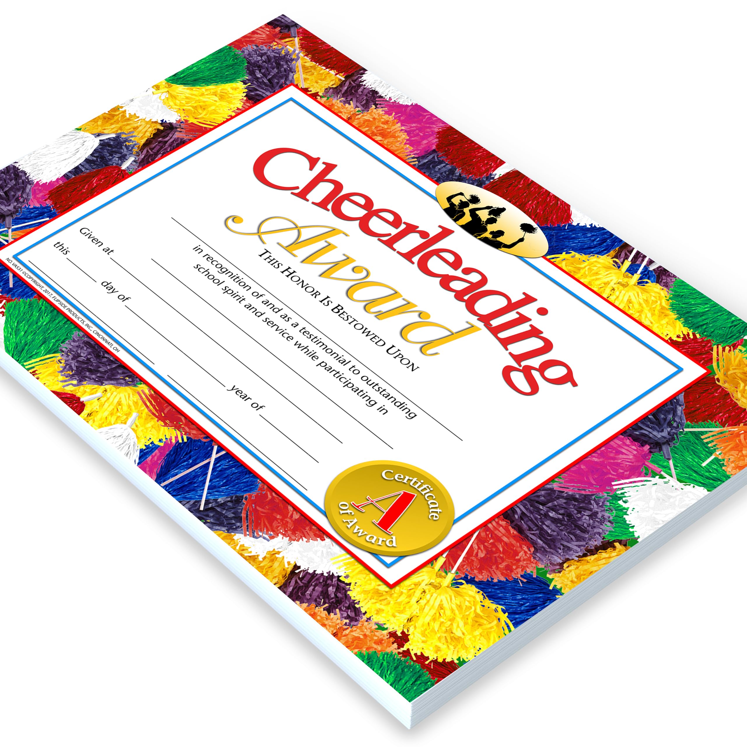 Hayes Cheerleading Award Certificate, Cheer Team Recognition, Customizable Award for Students, Kids, and Children, Full-Color Pom-Pom Design, 8.5" x 11" - 30 Pack