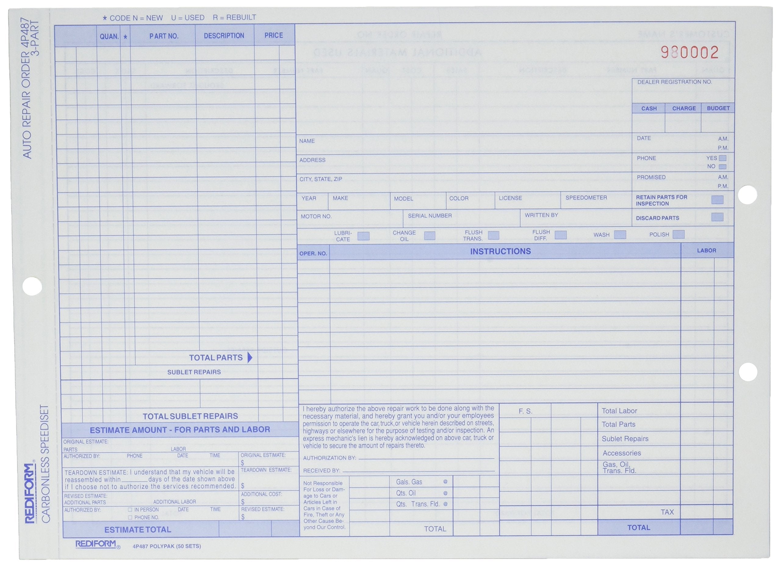 Rediform Auto Repair Polypack, Carbonless Triplicate Forms, 8.5" x 11.625", 50 Numbered Sheets (4P487)