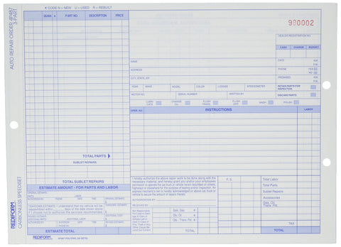 Rediform Auto Repair Polypack, Carbonless Triplicate Forms, 8.5" x 11.625", 50 Numbered Sheets (4P487)