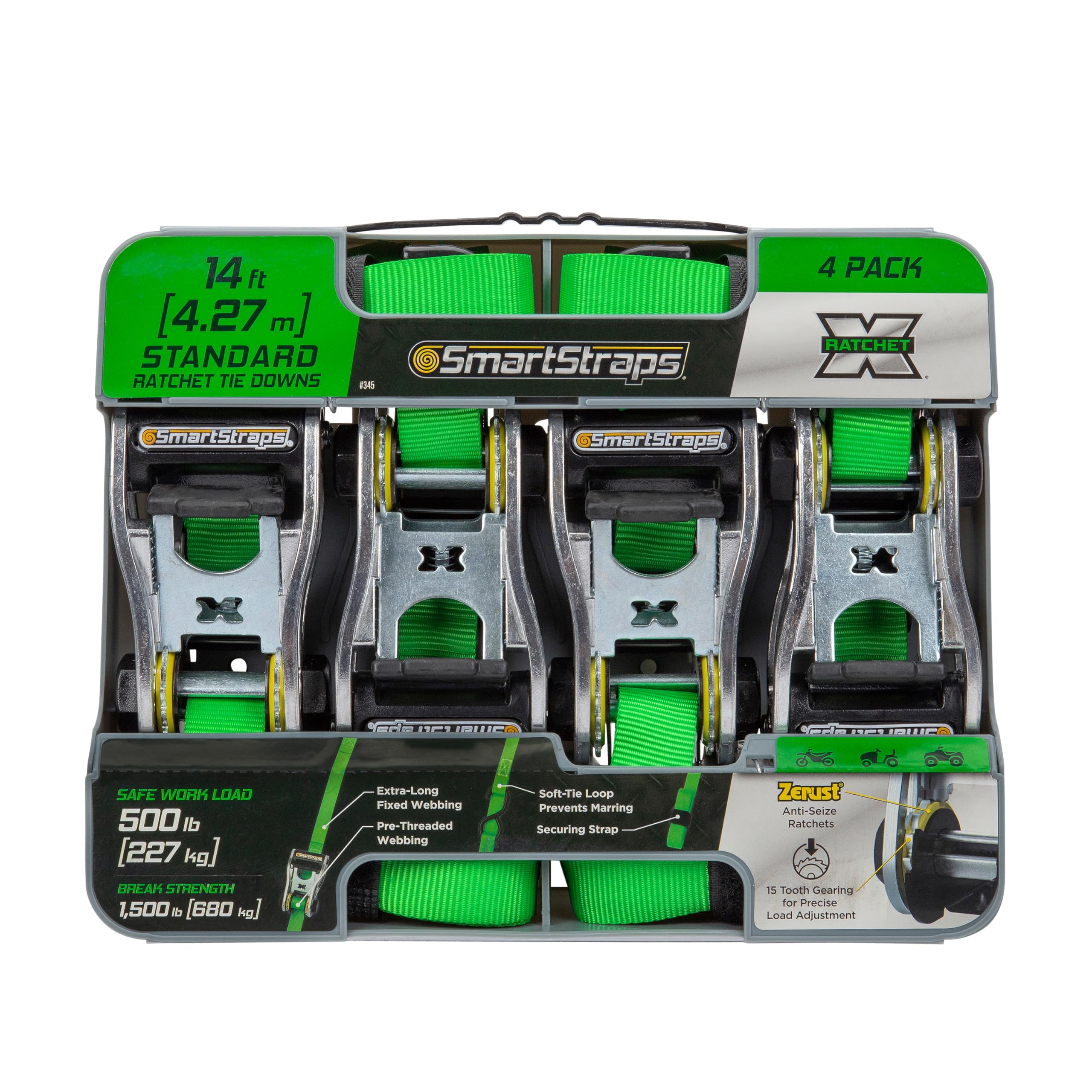SmartStraps 14 ft. Green RatchetX Tie Down Straps with 500 lb. Safe Work Load - 4 pack 345