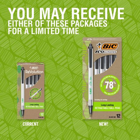 BIC Ecolutions Clic Stic Black Ballpoint Pens, Medium Point (1.0mm), 12-Count Pack, Retractable Ball Point Pens Made from 78% Recycled Plastic