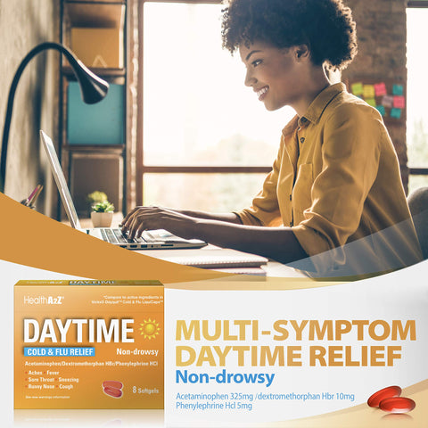 HealthA2Z® Daytime | Cold & Flu Medicine | Powerful Multi-Symptom Daytime Relief | 8 Count (Pack of 24) | 192 Softgels Total | Value Pack
