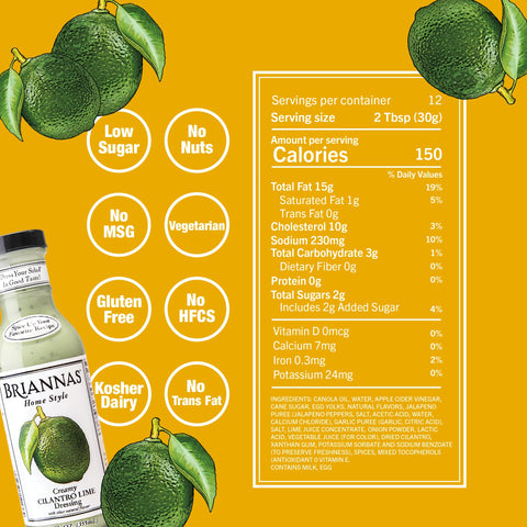 BRIANNAS - Home Style Creamy Cilantro Lime Dressing – Fine Salad Dressing made with Premium Ingredients - Gluten Free, Kosher, & Low Sugar - 12 oz. Bottle