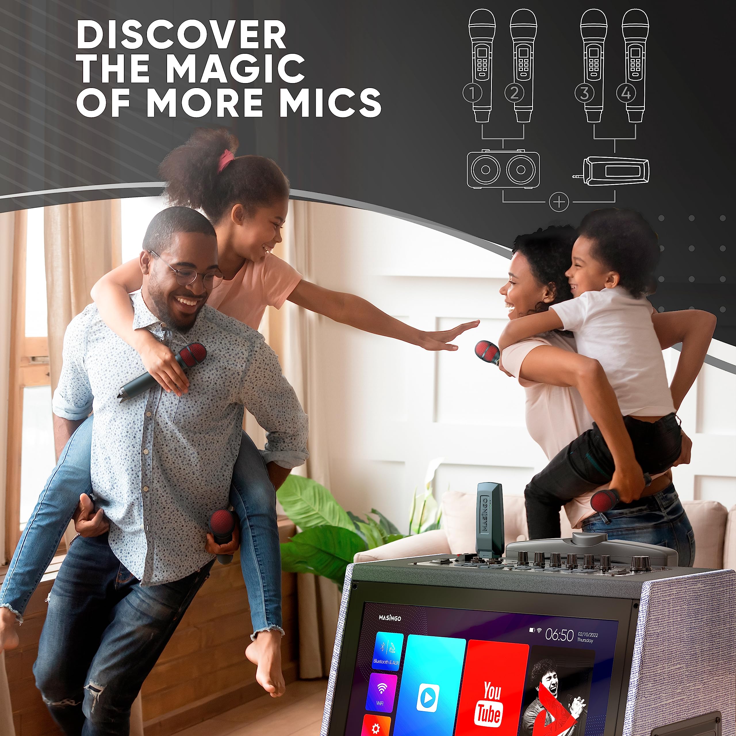 MASINGO 2 Wireless Karaoke Microphones, Integrated Bluetooth Receiver - Connects Mics and Smartphone to Any Speaker with AUX/Mic Input - Includes Singer Vocal Removal Mode + Charging Base - A12