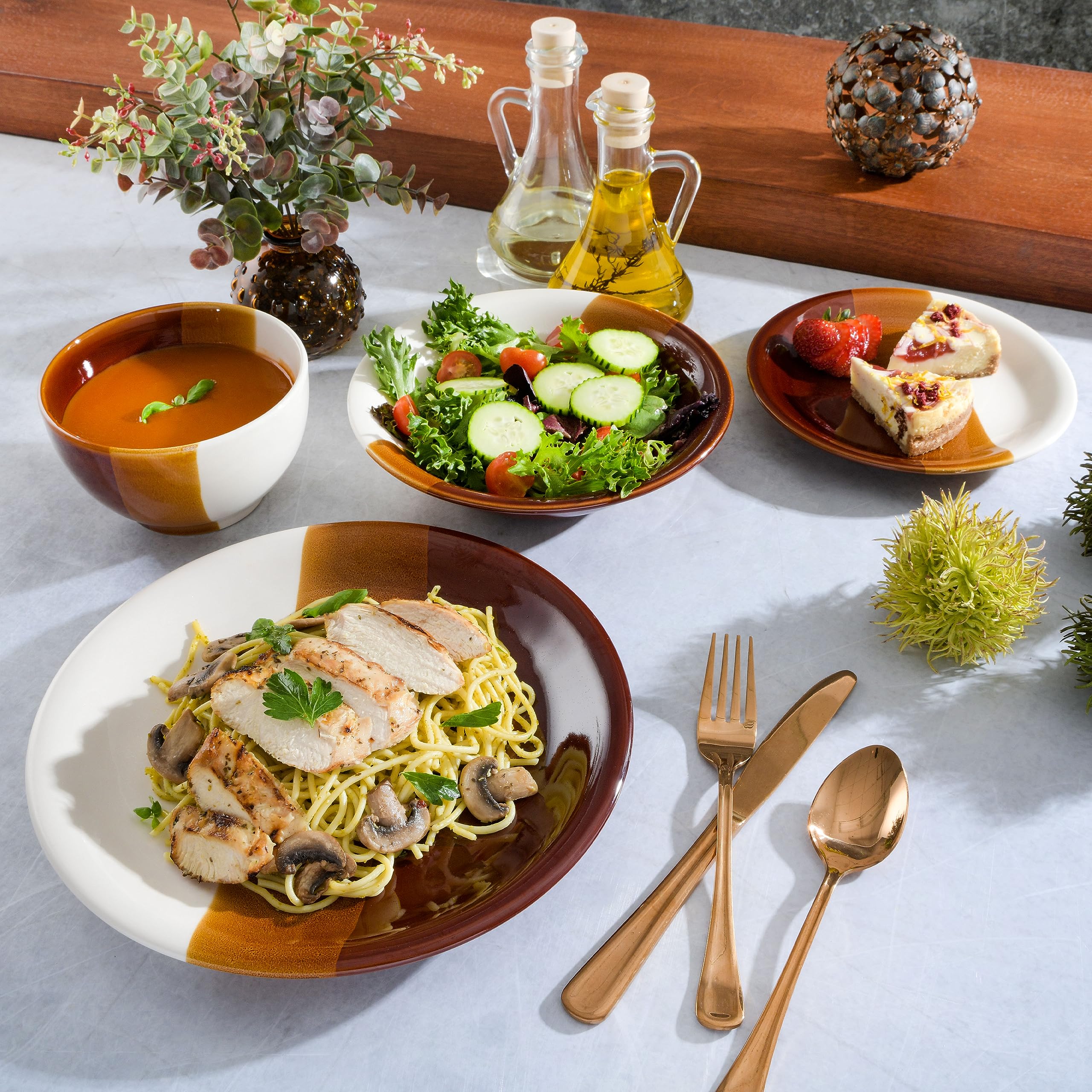 Gibson Elite Autumn Canopy Stoneware Double Bowl Plates and Bowls Dinnerware Set, Service for 4 (16pcs)