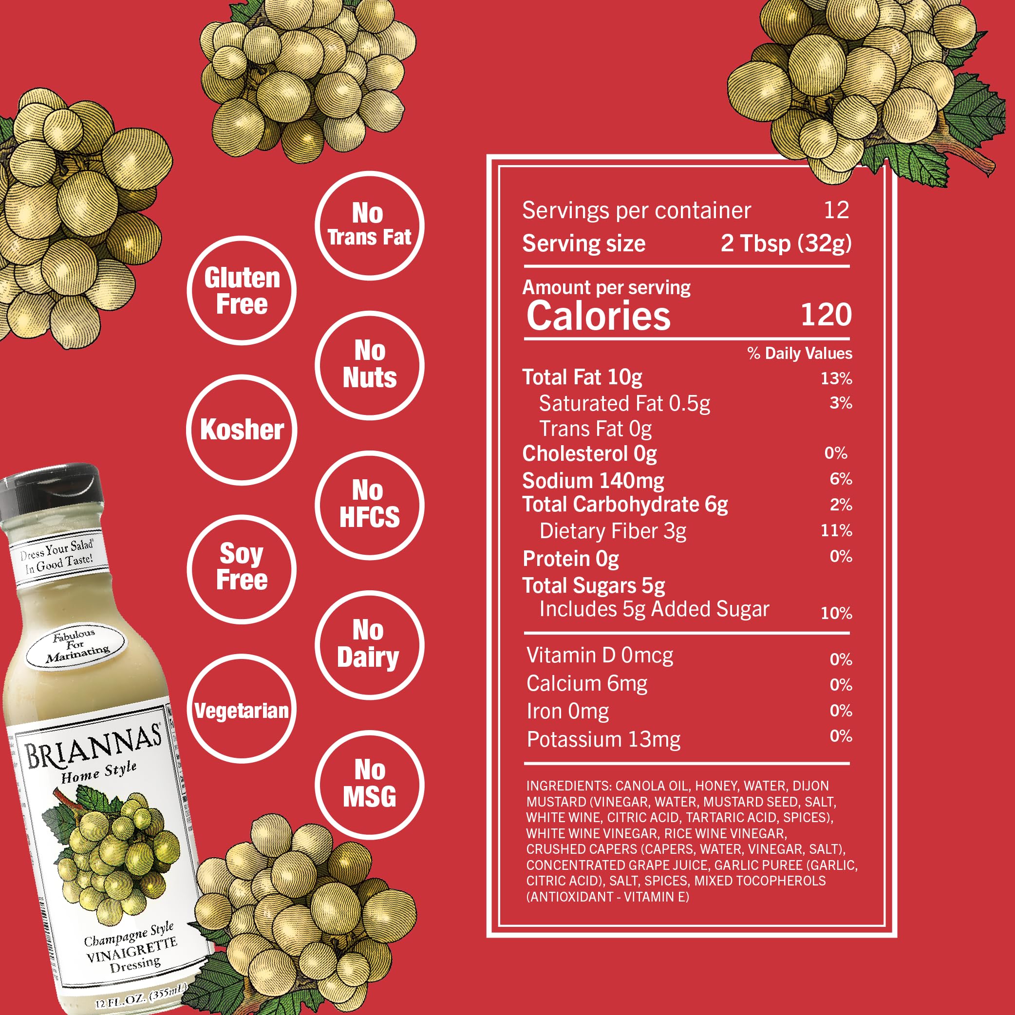 BRIANNAS - Home Style Champagne Vinaigrette Dressing – Fine Salad Dressing made with Premium Ingredients - Gluten Free & Kosher Dressing - 12 oz. Bottle
