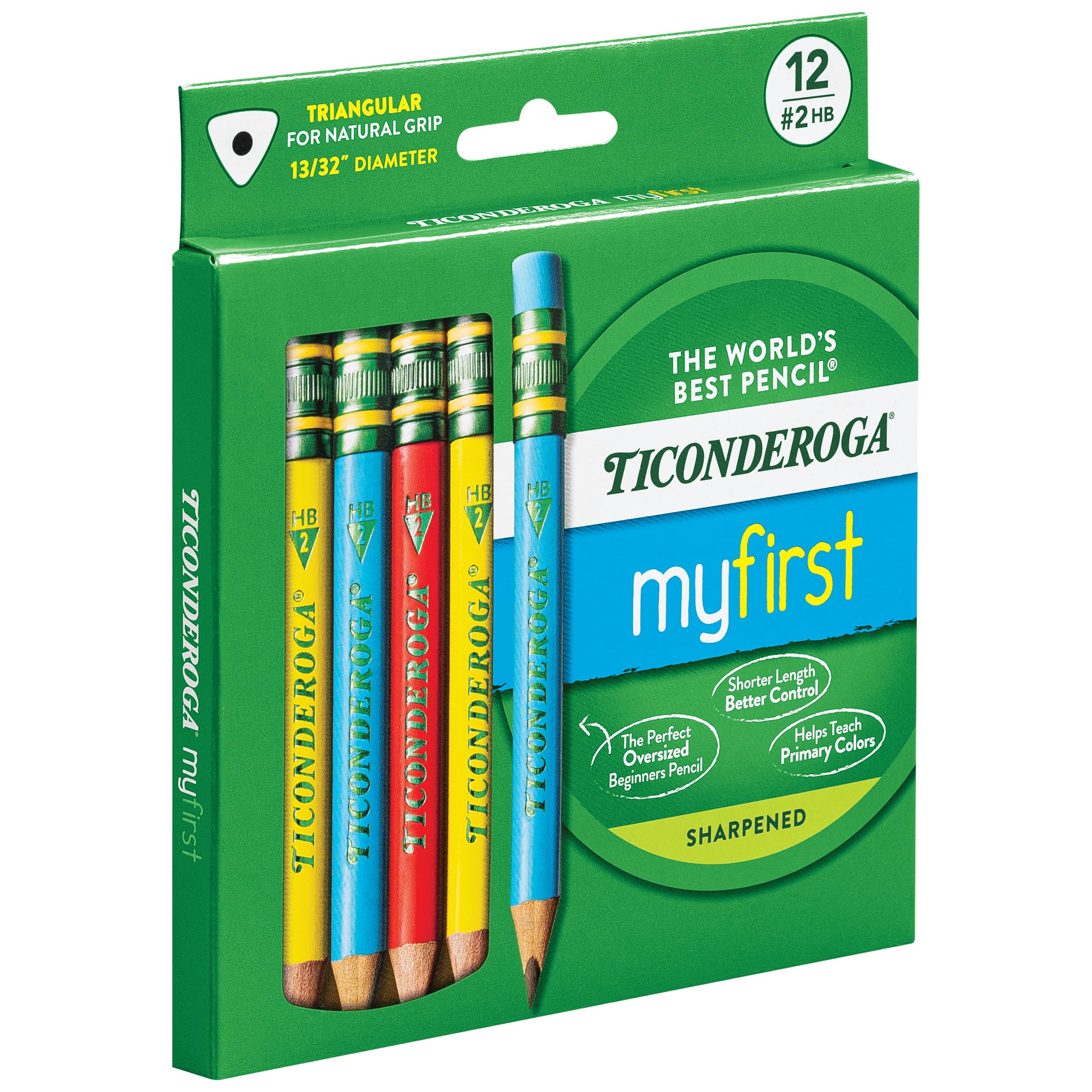 Ticonderoga My First Short Triangular Wood-Cased Pencils, #2 HB Soft, With Erasers, Primary Colors, 12 Count