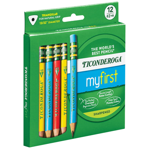 Ticonderoga My First Short Triangular Wood-Cased Pencils, #2 HB Soft, With Erasers, Primary Colors, 12 Count