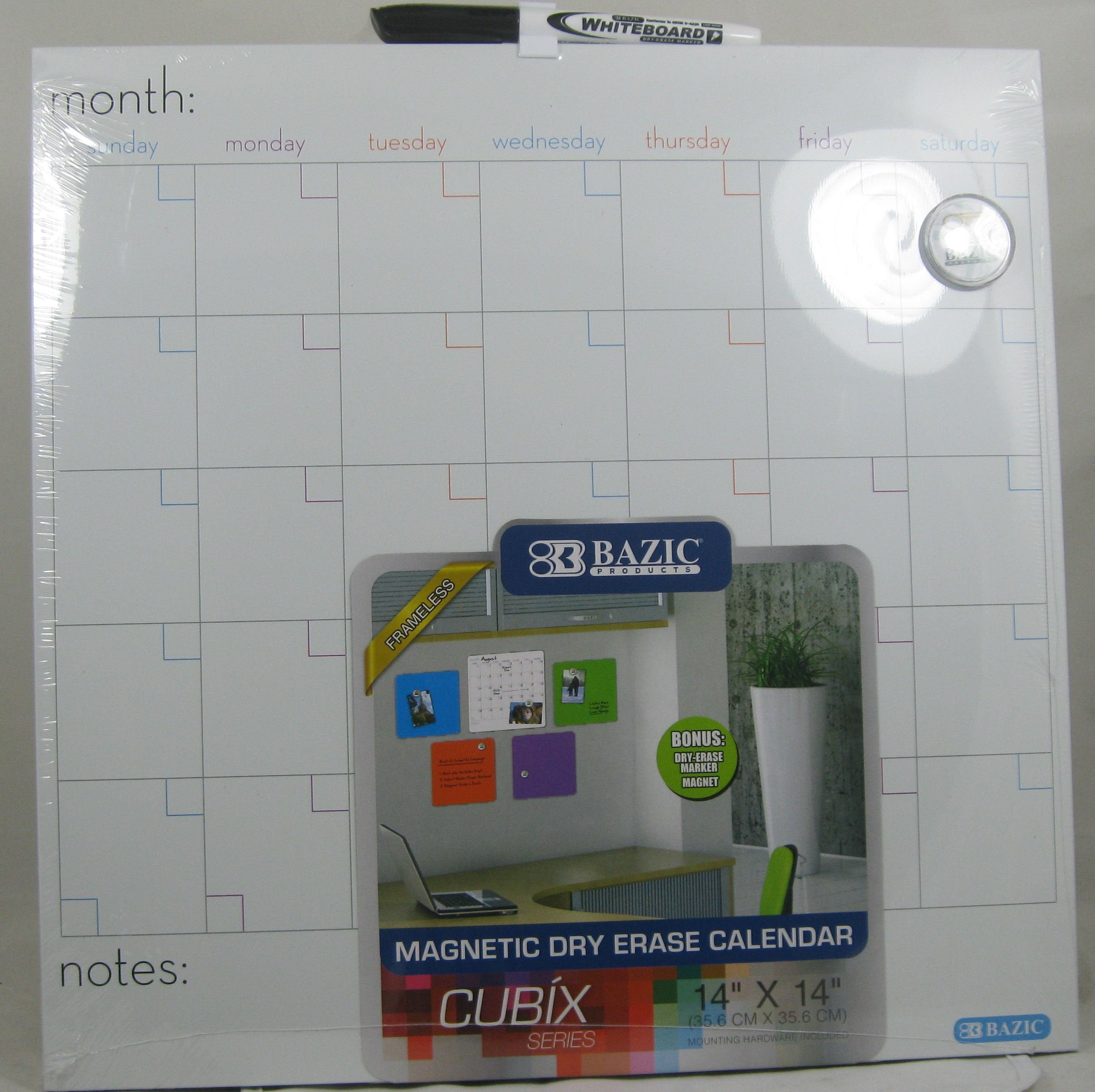 BAZIC Products Magnetic Dry Erase Calendar Board Tile + Markers & Magnets, 14" X 14" Calendar Whiteboard for Office Schedule Planner, 1-Pack