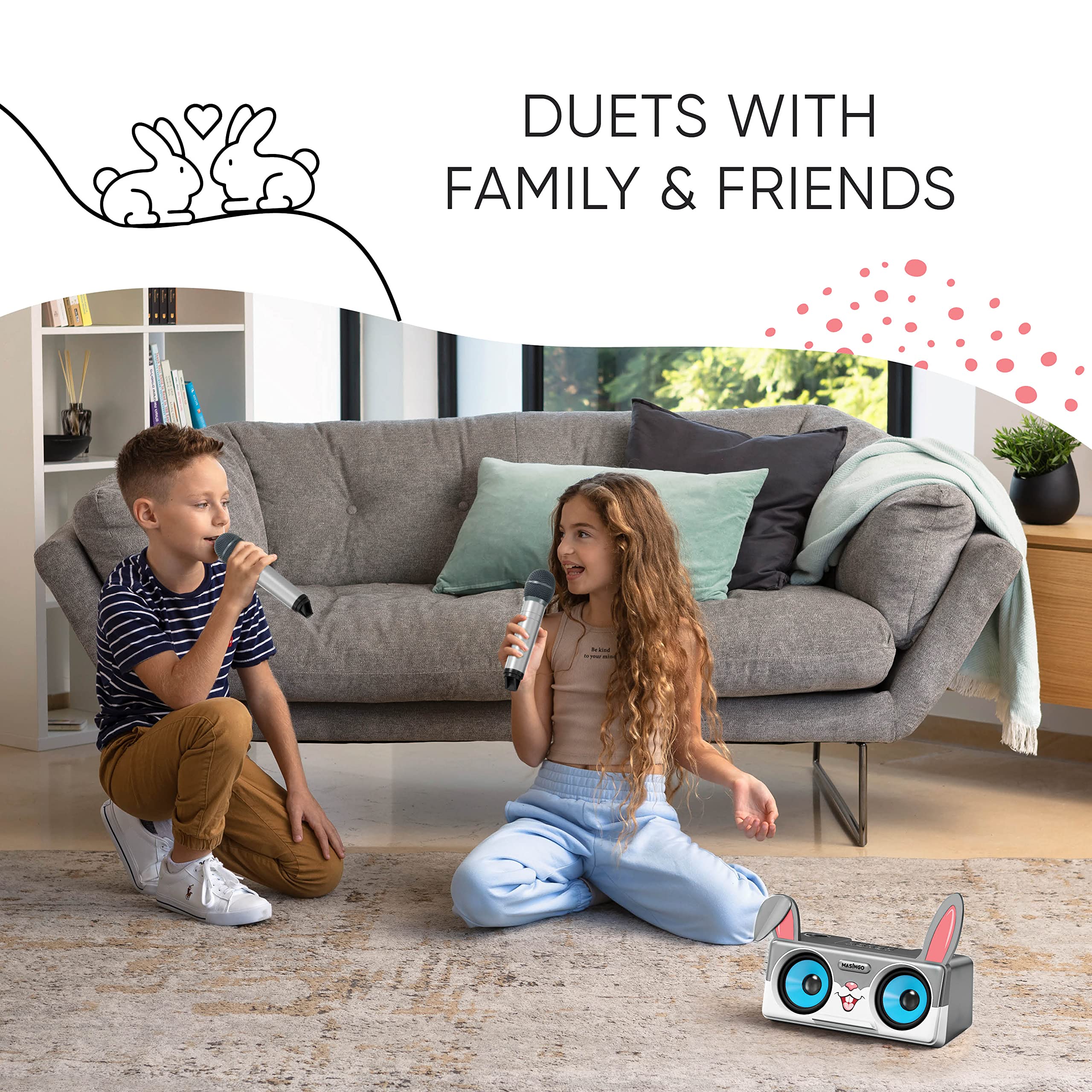 Rabbit Karaoke Machine for Kids, Children and Toddlers with 2 Wireless Bluetooth Microphones, Portable PA Speaker System Includes Lyrics Display Phone Holder, TV Cable and Singer Vocal Removal Mode