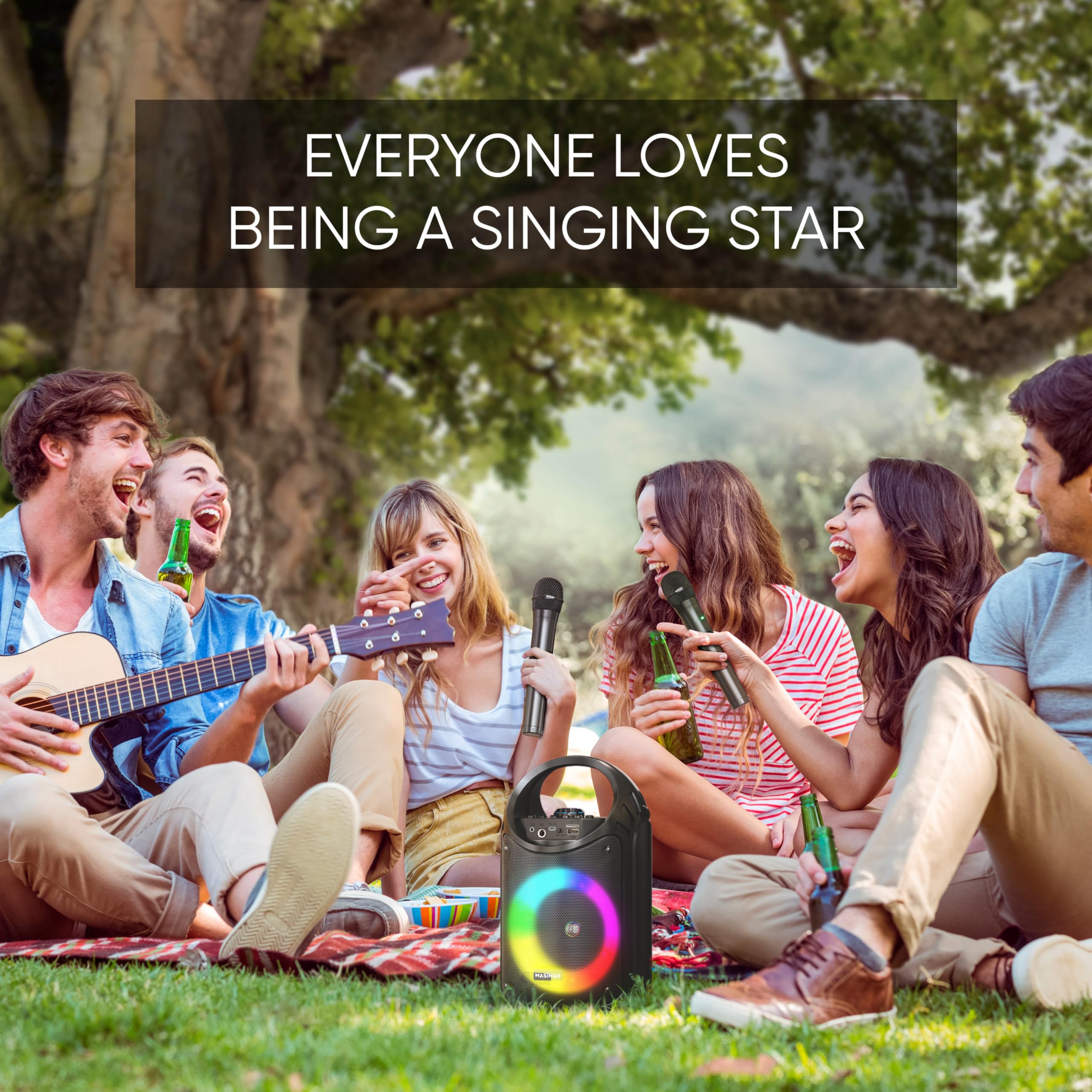MASINGO Karaoke Machine for Kids and Adults with 2 Wireless Bluetooth Microphones, PA Portable Speaker with Colorful LED Lights, Supports TF Card/USB, AUX/MIC in, TWS for Home Party, Burletta C10 V2