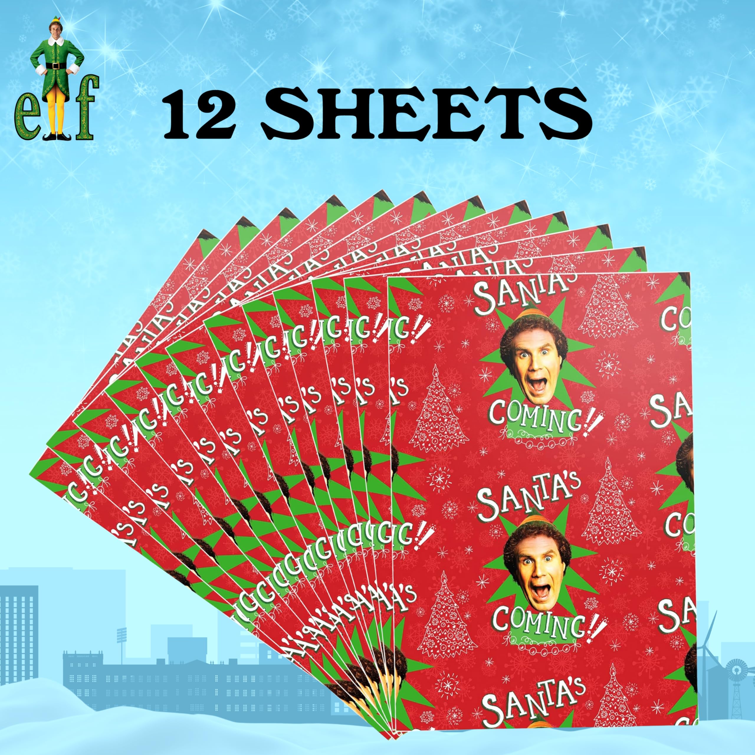 Buddy the Elf Santa's Coming Christmas Wrapping Paper - 12 Sheets - 20" x 30" - Festive Holiday Gift Wrap by Silver Buffalo