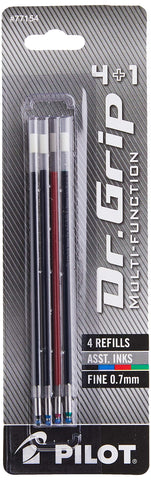 PILOT Dr. Grip 4+1 Multi-Function Ballpoint Ink Refills, Fine Point, Black/Red/Blue/Green Inks, Assorted Colors,4 Count (Pack of 1) (77154)