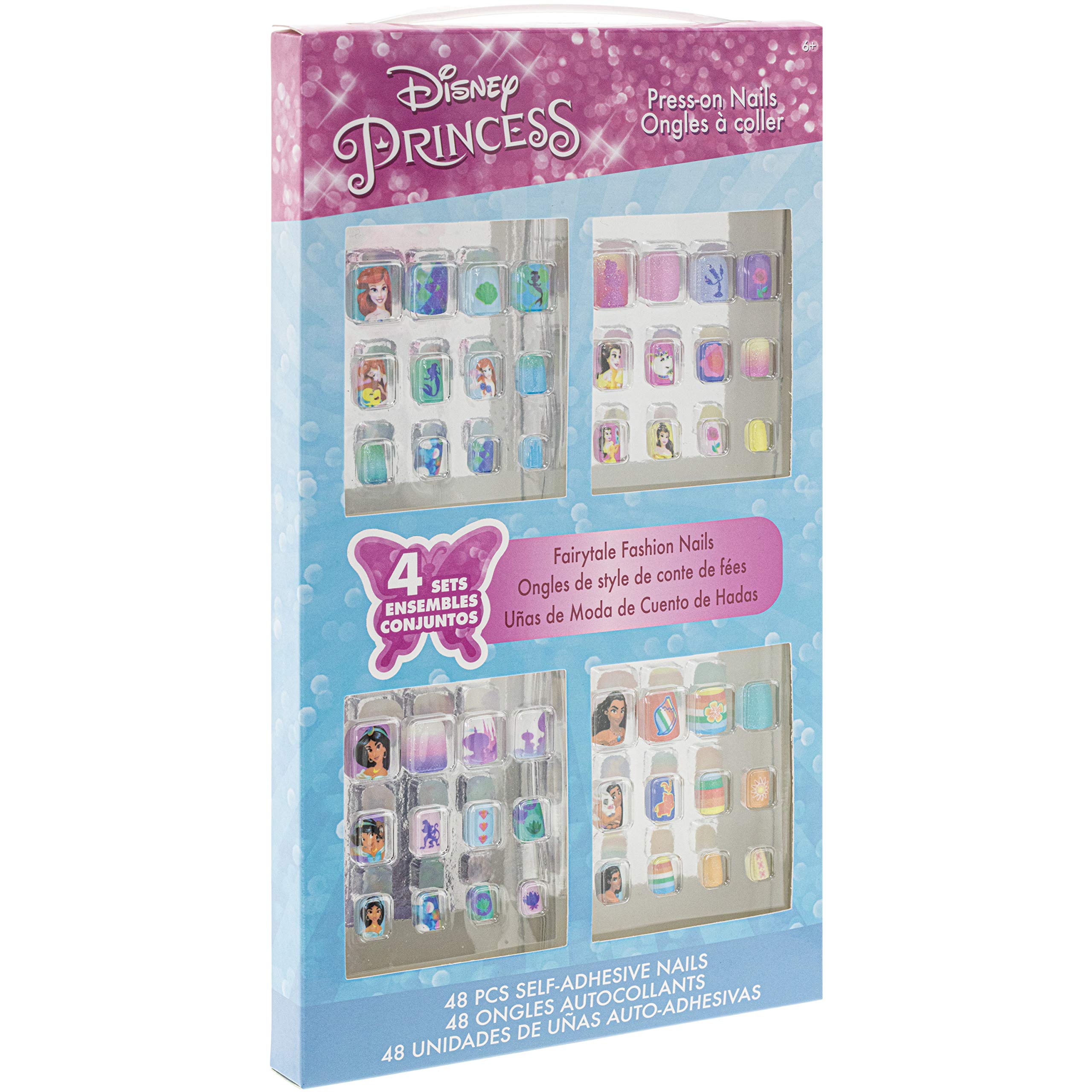 Disney Princess - Townley Girl 48 Pcs Press-On Nails Artificial False Nails Set for Girls, Kids with Pre-Glue Full Cover Acrylic Nail Tip Kit, Ages 6+ for Parties, Sleepovers and Makeovers