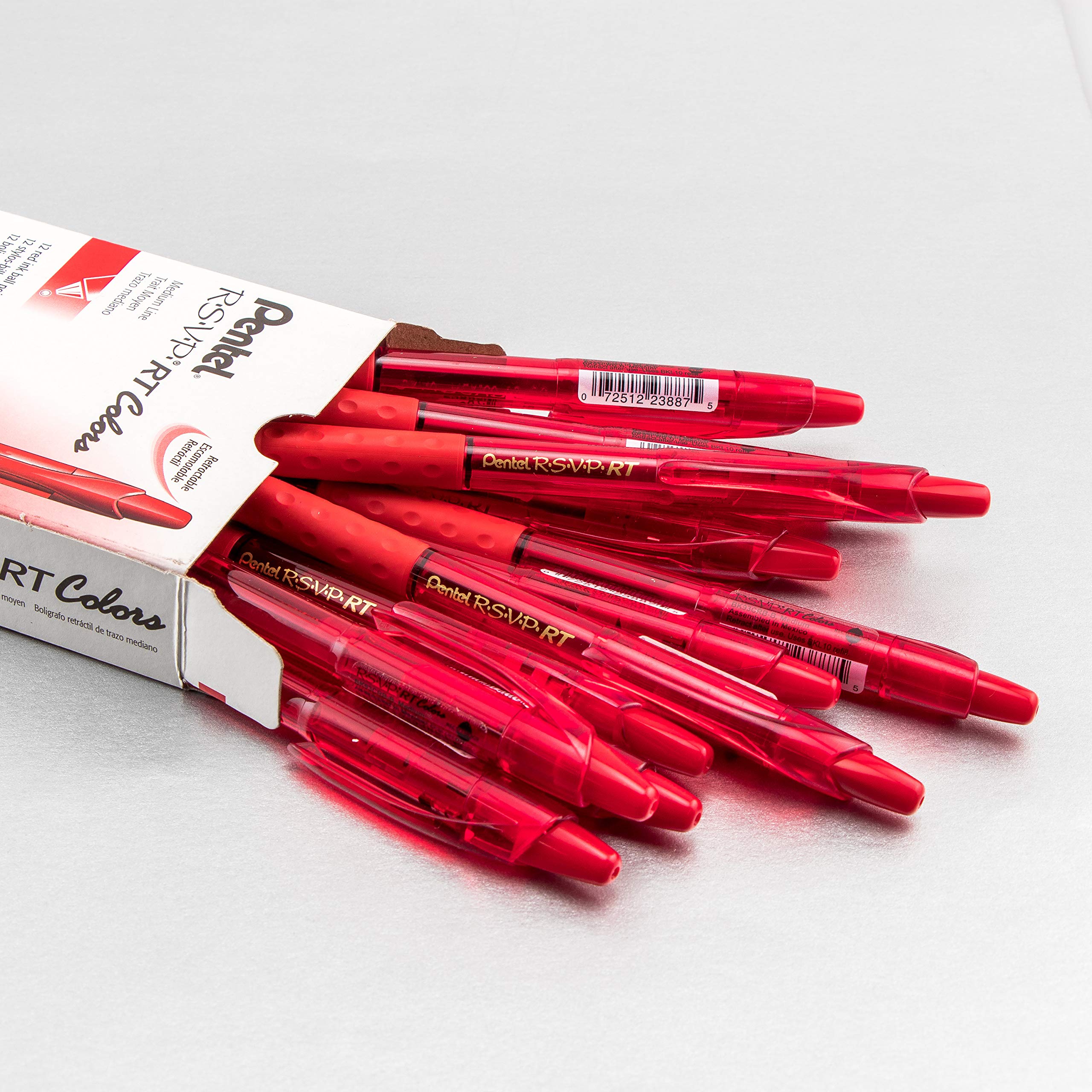 Pentel RSVP RT COLORS Retractable Ball Point Pen, Medium Line, Red Barrel, Red Ink, Box of 12 (BK93CRB-B)