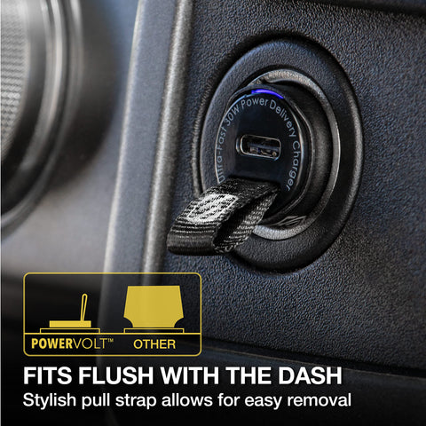 Scosche CPDC30 PowerVolt 30-Watt USB Type-C Fast Mini Flush Fitting Car Charger with Fabric Pull Tag & Power Delivery 3.0 with PPS for All USB-C Devices