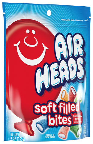 Airheads Candy, Soft Filled Bites, Assorted Fruit Flavors, Stand Up Bag, Party, Pantry, 9oz Bag, Box of 12 Bags